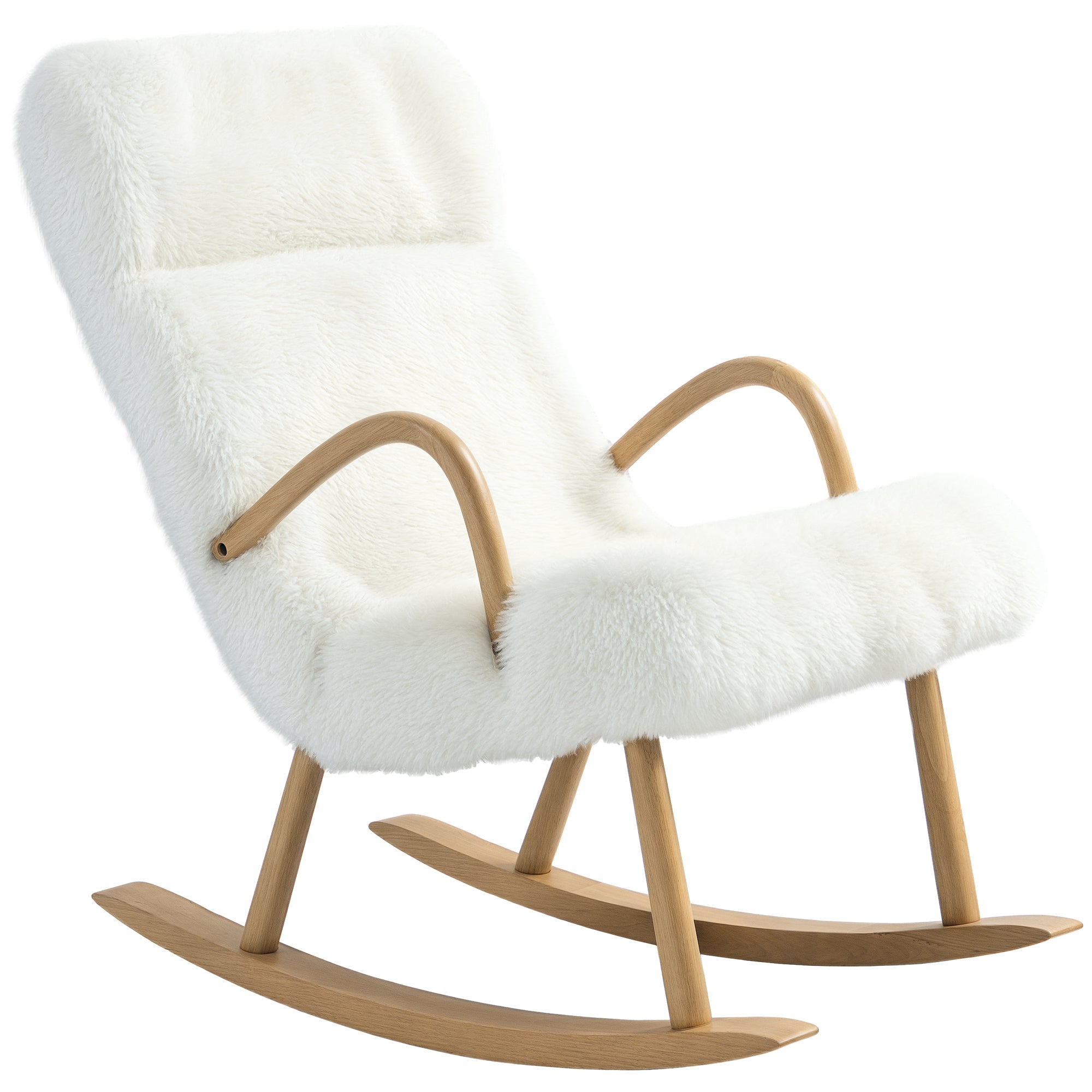 Rocking Chair Armchair Nursing Chair with Wool-Feel Fabric Adjustable Headrest Wooden Frame for Living Room Bedroom White