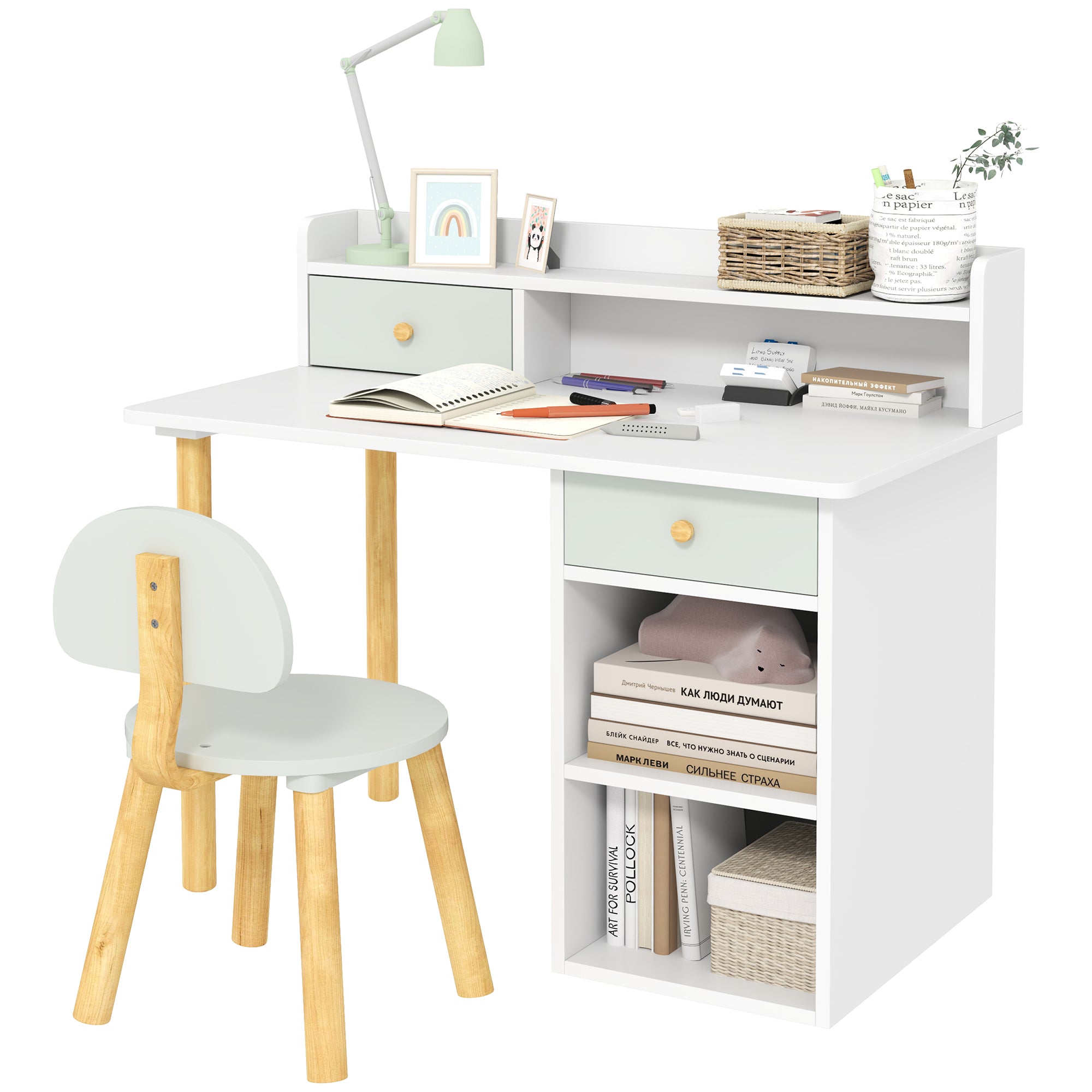 AIYAPLAY Kindertafel en Stoel Set voor Kinderen van +3 Jaar - Studietafel met Lades en Planken voor Slaapkamer en Speelkamer - Lichtgroen en Wit