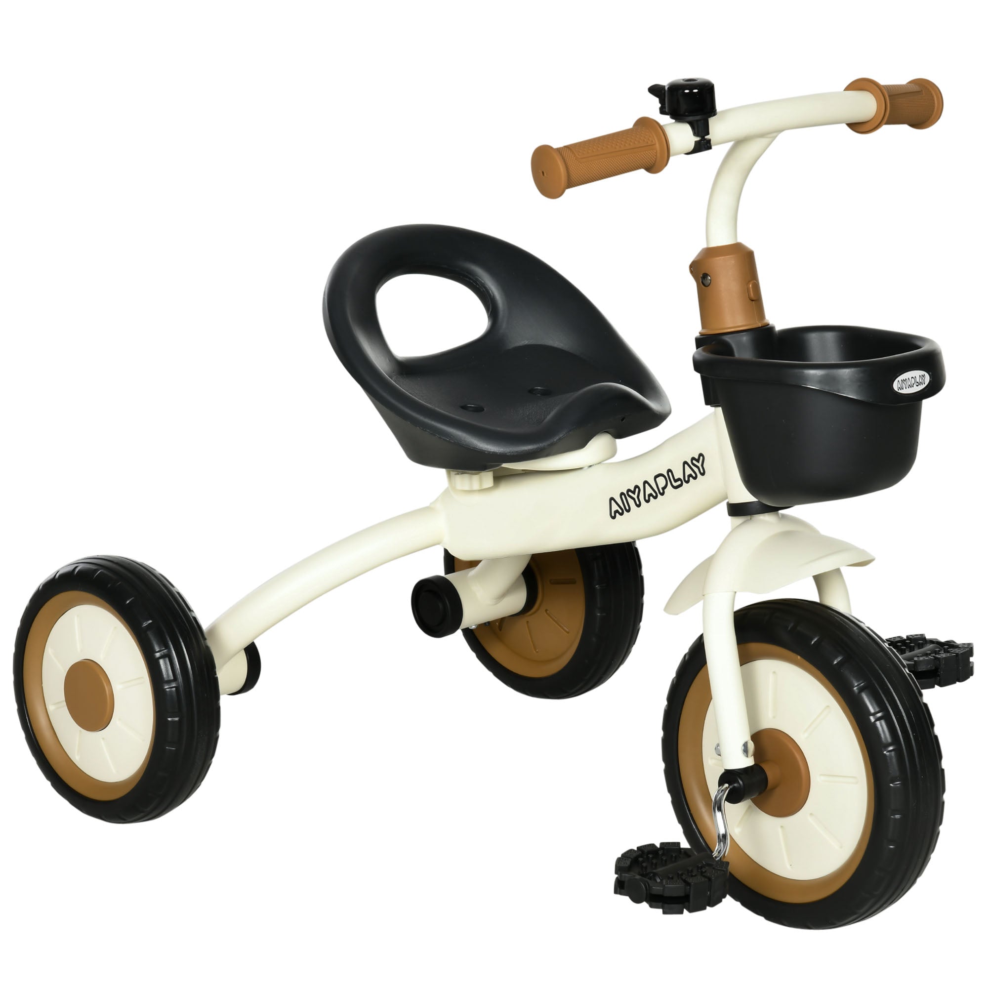 AIYAPLAY Trehjuling, Barncykel med Justerbart Säte, Träningscykel med Korg, Klocka, Pedalcykel för Barn 2-5 År, Metall, Vit