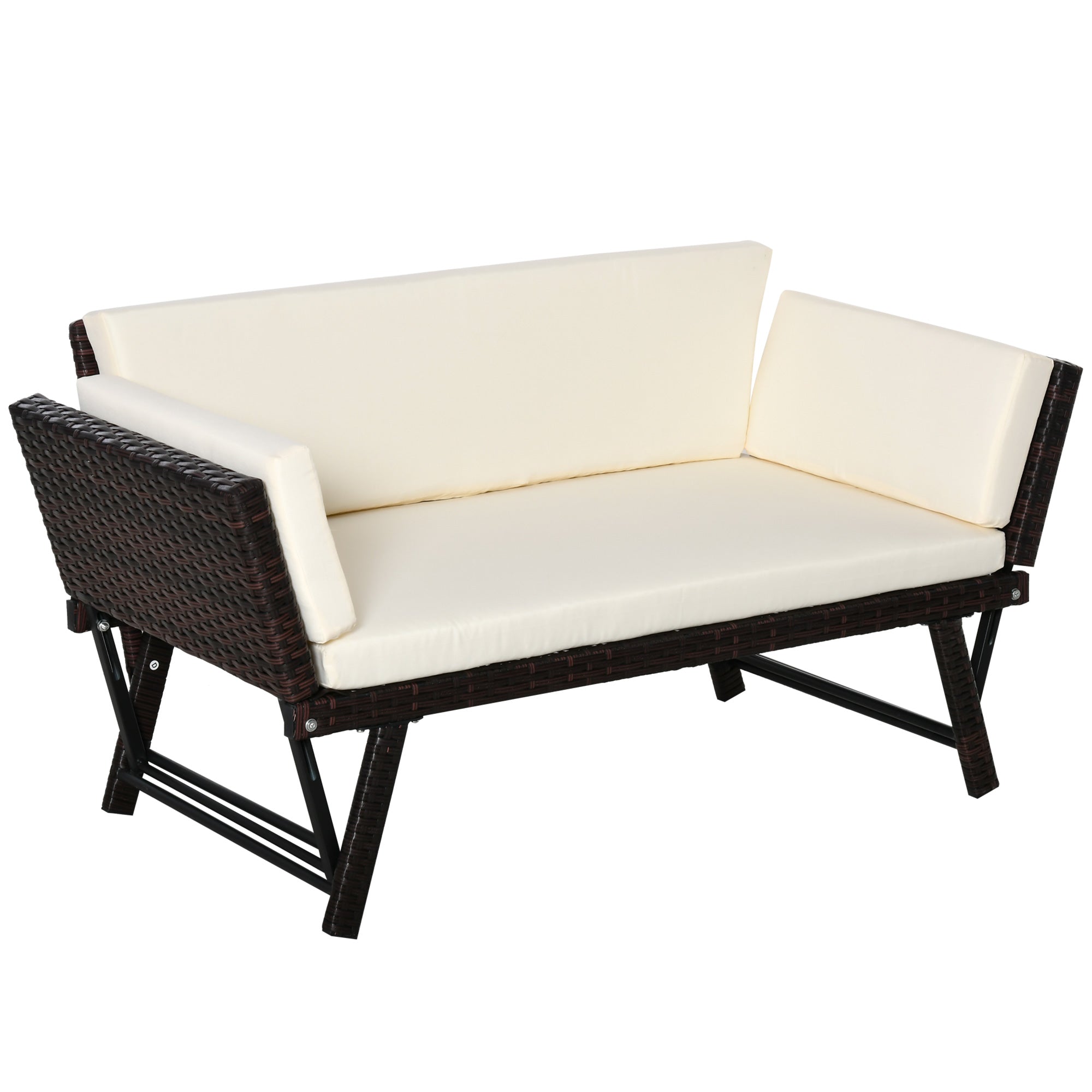 Outsunny Poly Rattan 2-Sitzer Garten Sofa Lounge Sofa Gartenbank Liegesofa mit klappbaren Armlehnen Stahl Braun 129 x 63 x 67 cm