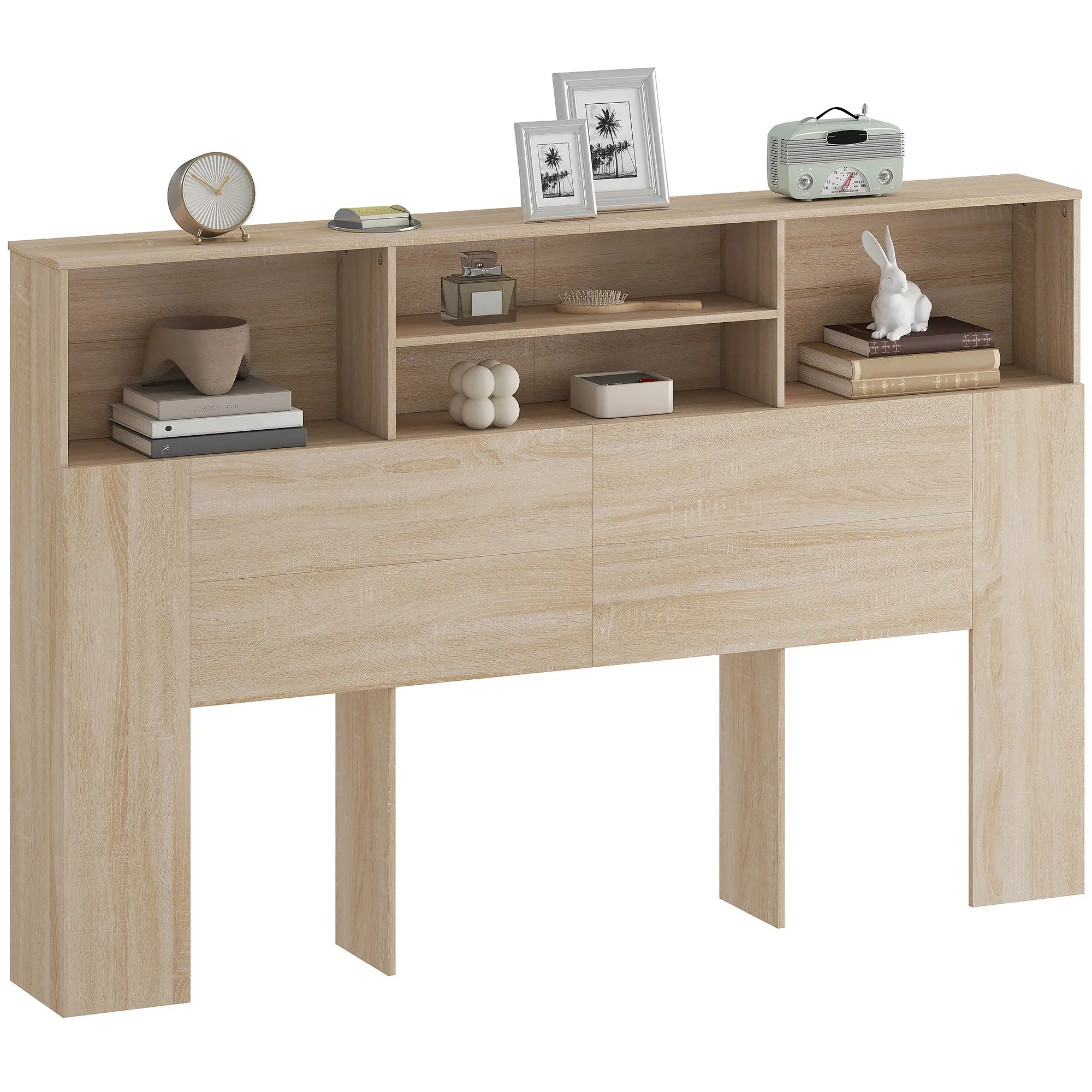 Freestanding Headboard with Storage, 160 cm (63") – 4 Open Compartments, Natural Wood