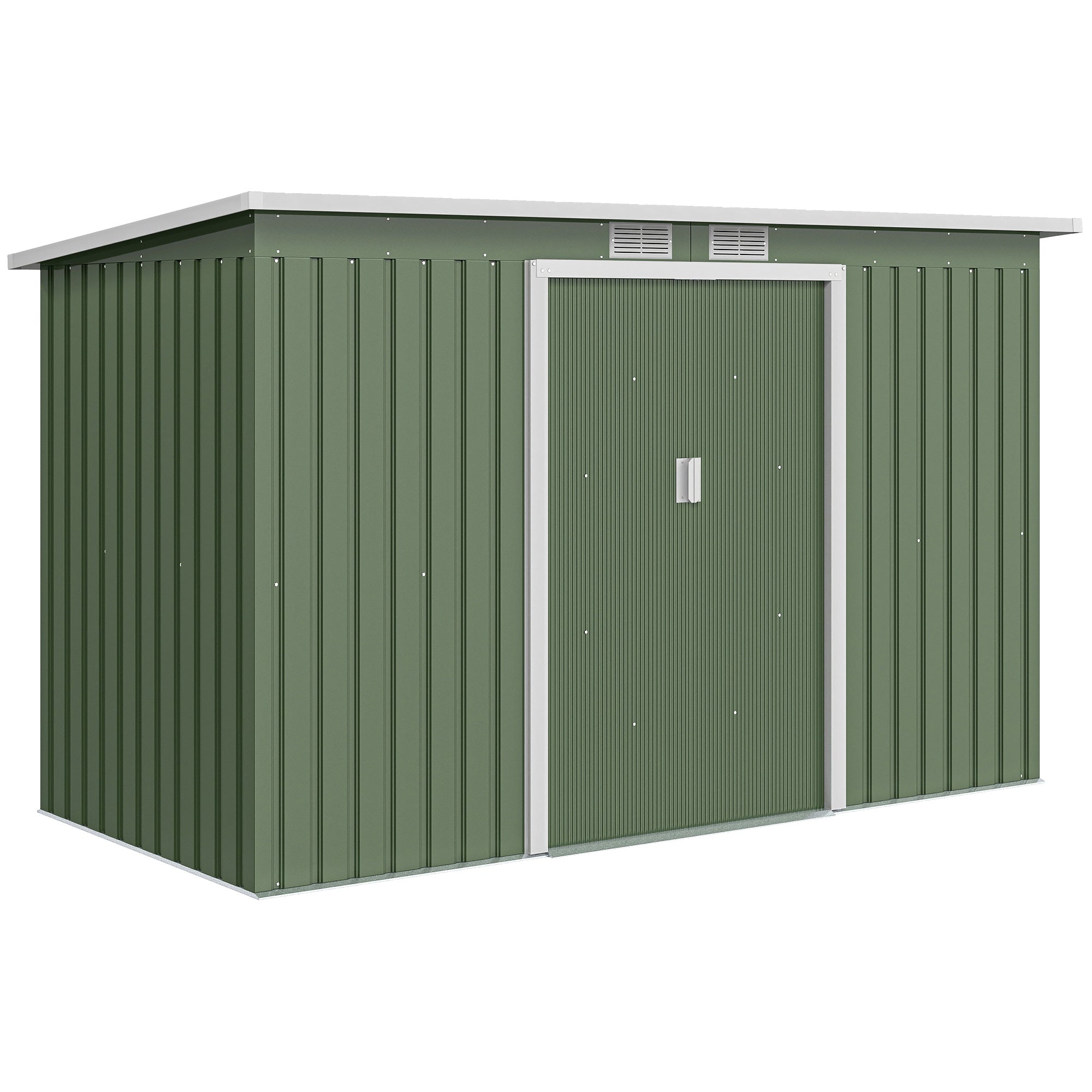 Метален инструментариум Outsunny 6.3m³ 280x130x172cm Склад с наклонен покрив и плъзгаща се врата – Водоустойчив градински склад за задния двор
