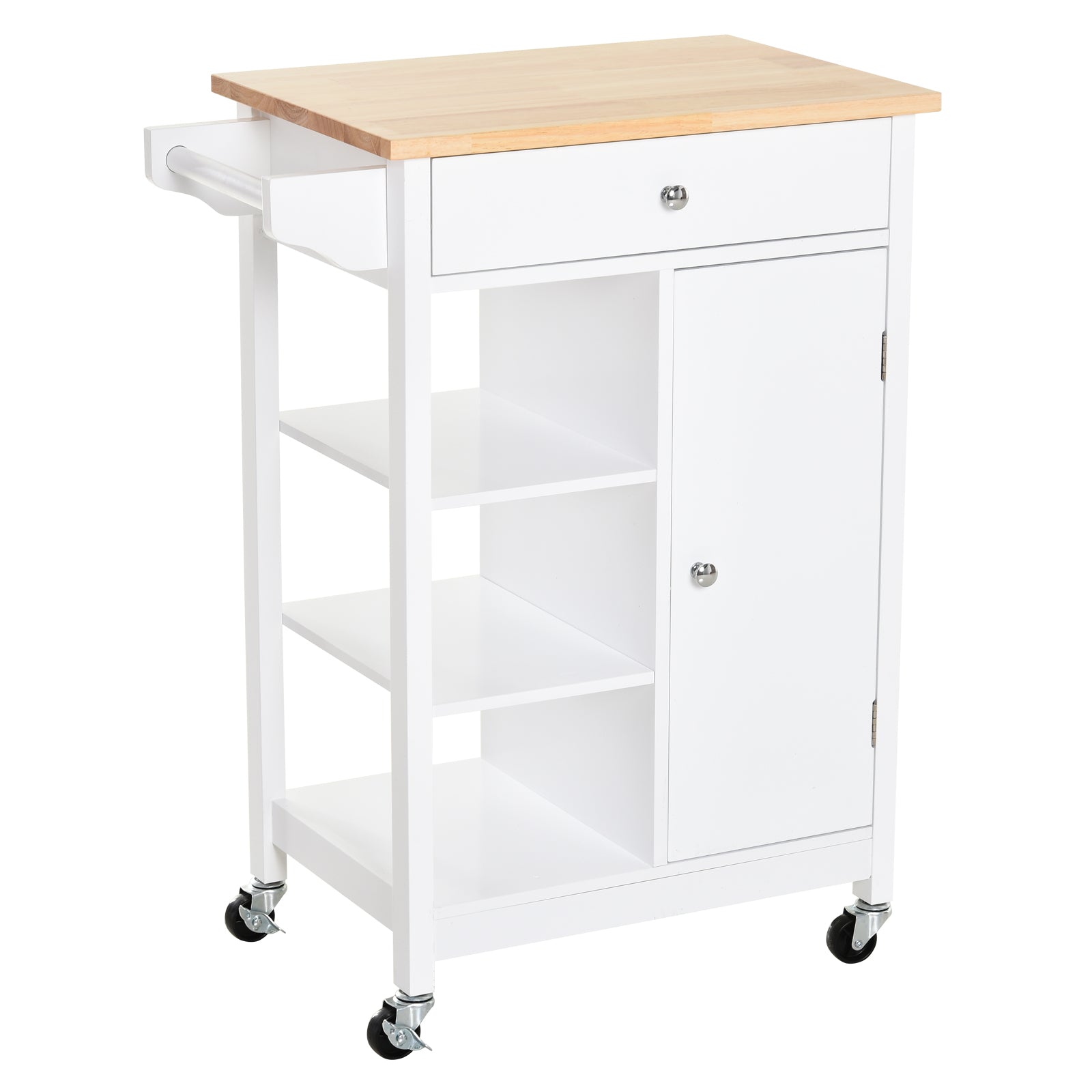Chariot de Cuisine HOMCOM avec Roues - 1 Tiroir, 1 Cabinet, 3 Étagères Ouvertes - Rangement pour Salle à Manger 66x39,5x86,5 cm Blanc