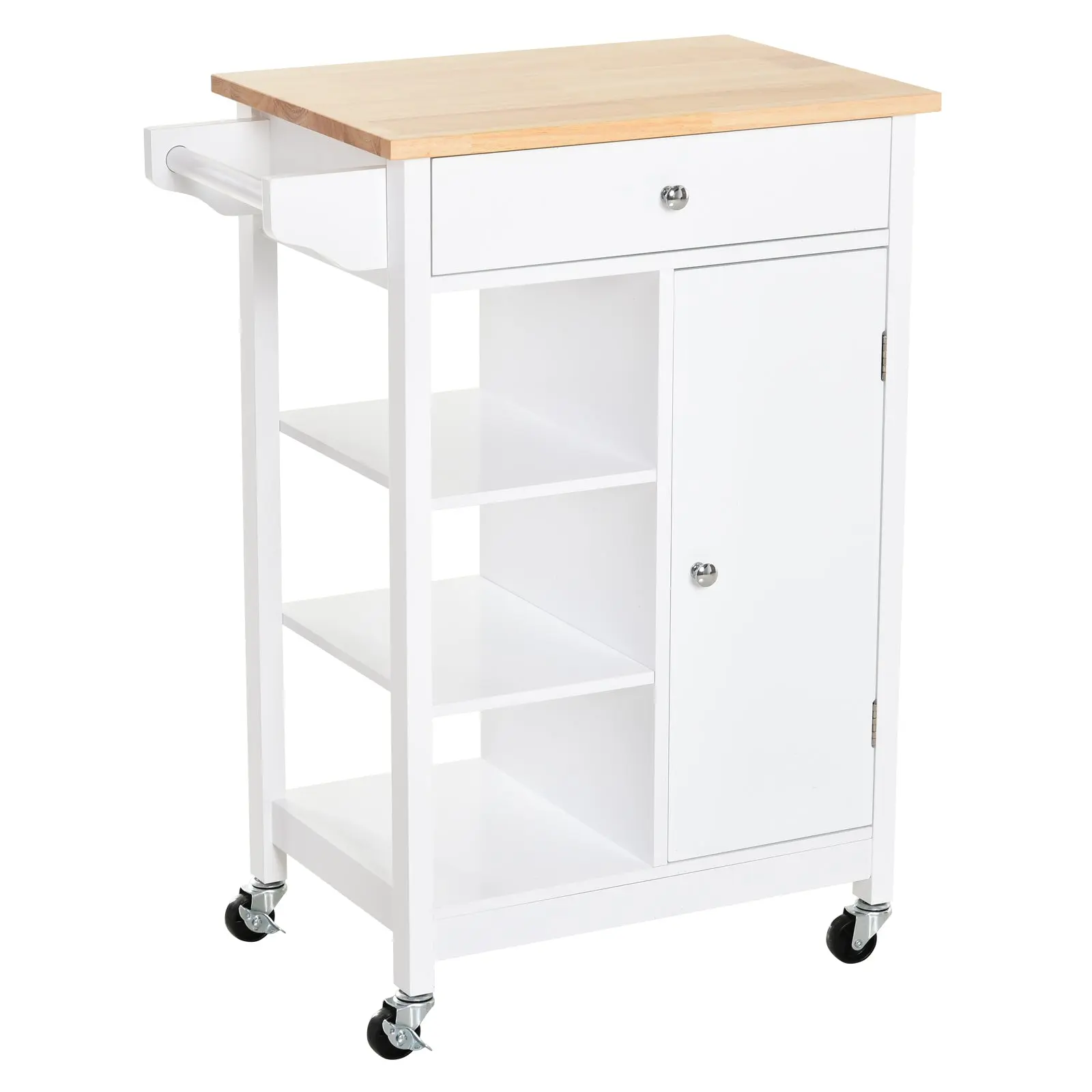 Kitchen Cart Auxiliary Trolley with Wheels 1 Drawer 1 Cabinet 3 Open Shelves Storage for Dining Room 66x39.5x86.5 cm White