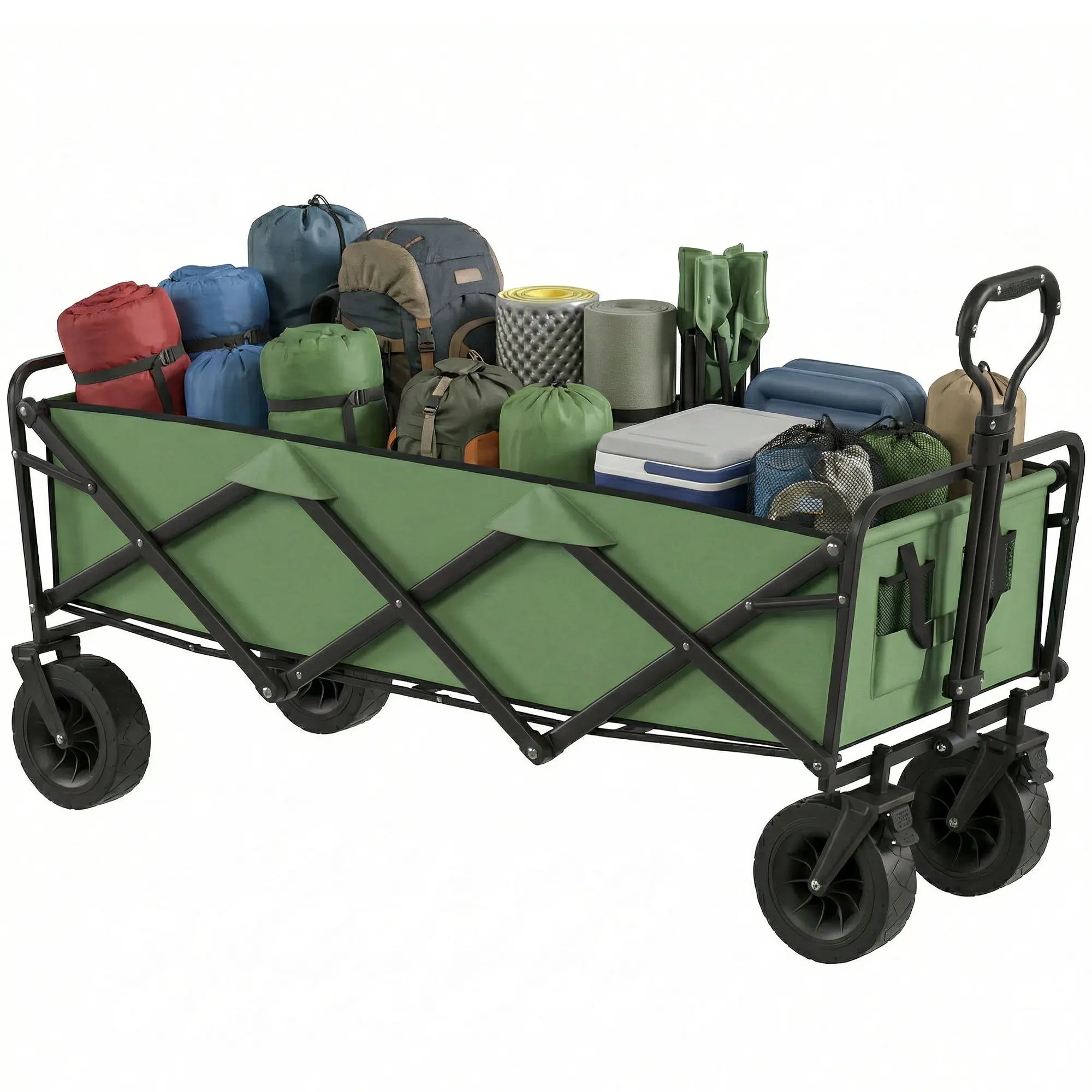 Folding Utility Wagon, 130 L (34 gal) — 551 lb Capacity, All-Terrain Garden Cart with Adjustable Handle & Carry Bag, Green