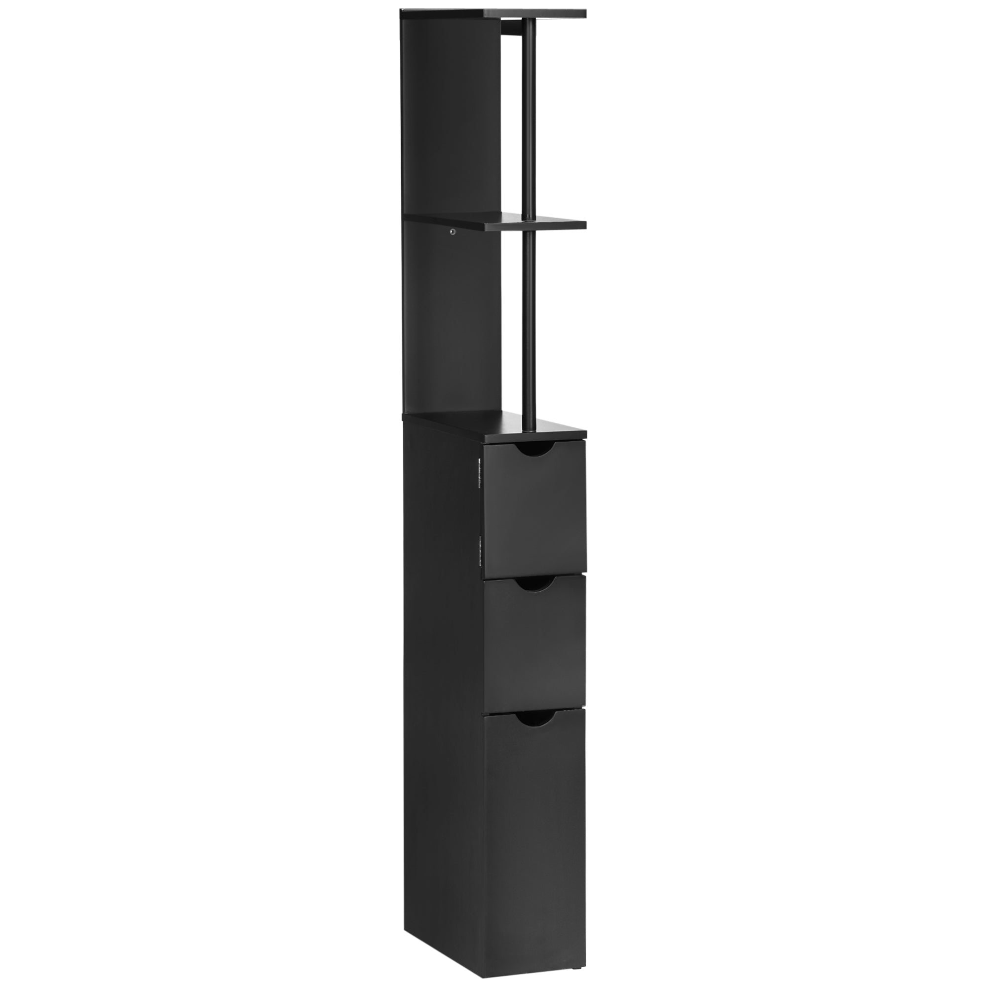 Bathroom Cabinet, space-saving wooden bathroom cabinet with shelves and drawers, 15x33x136 cm, Black
