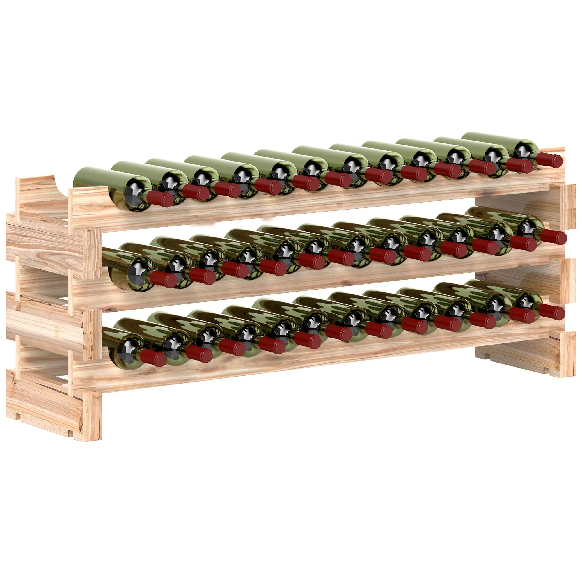 36-Bottle Pine Wood Wine Rack – 3-Tier Modular Stackable Shelf, Natural Wood (44.9×11.0×16.7 in)