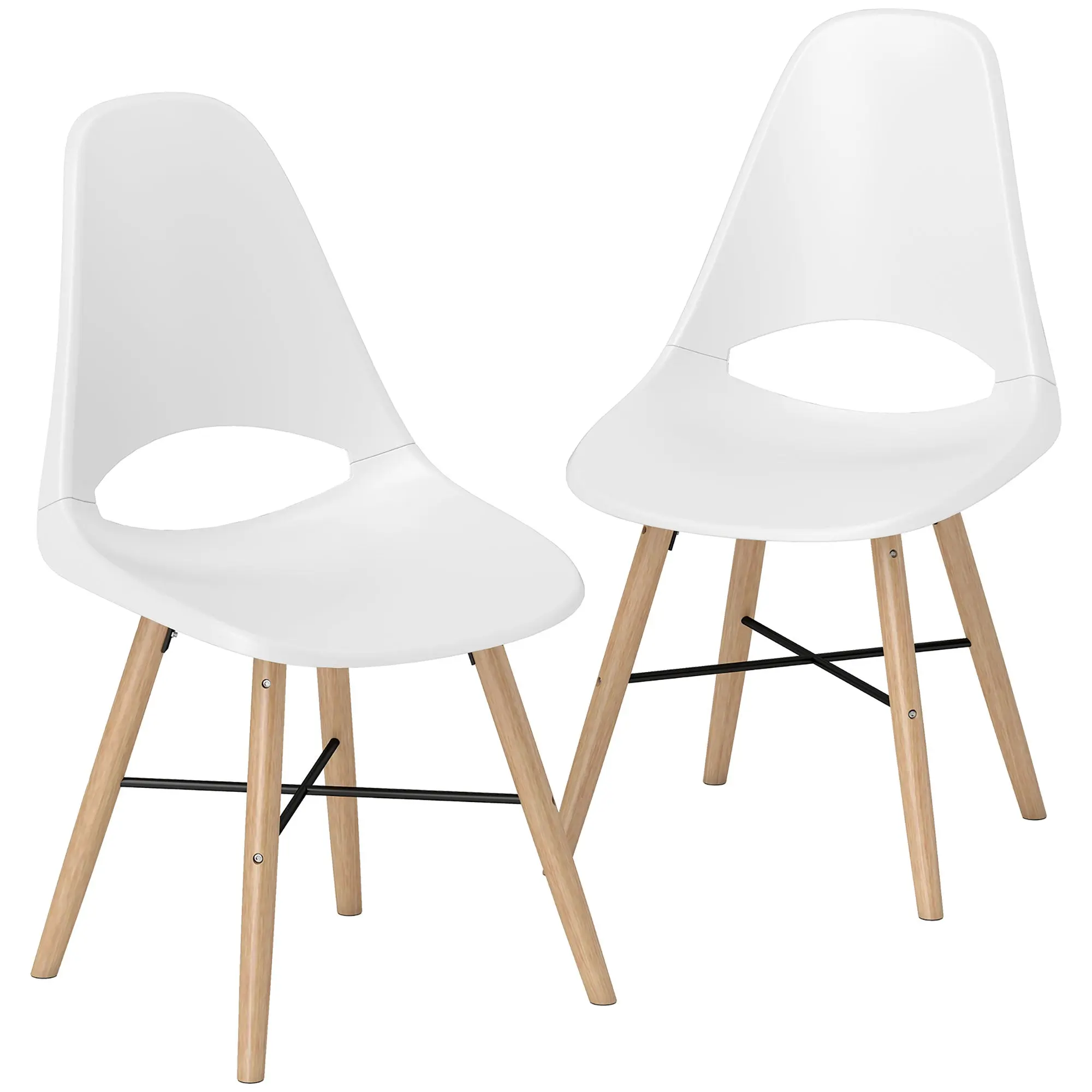 Set of 2 Dining Room Chairs, Modern Kitchen Chairs with Cutout Backrest Design and Rubber Wood Legs, Plastic Chair for Kitchen, Bedroom, Office and Living Room, White