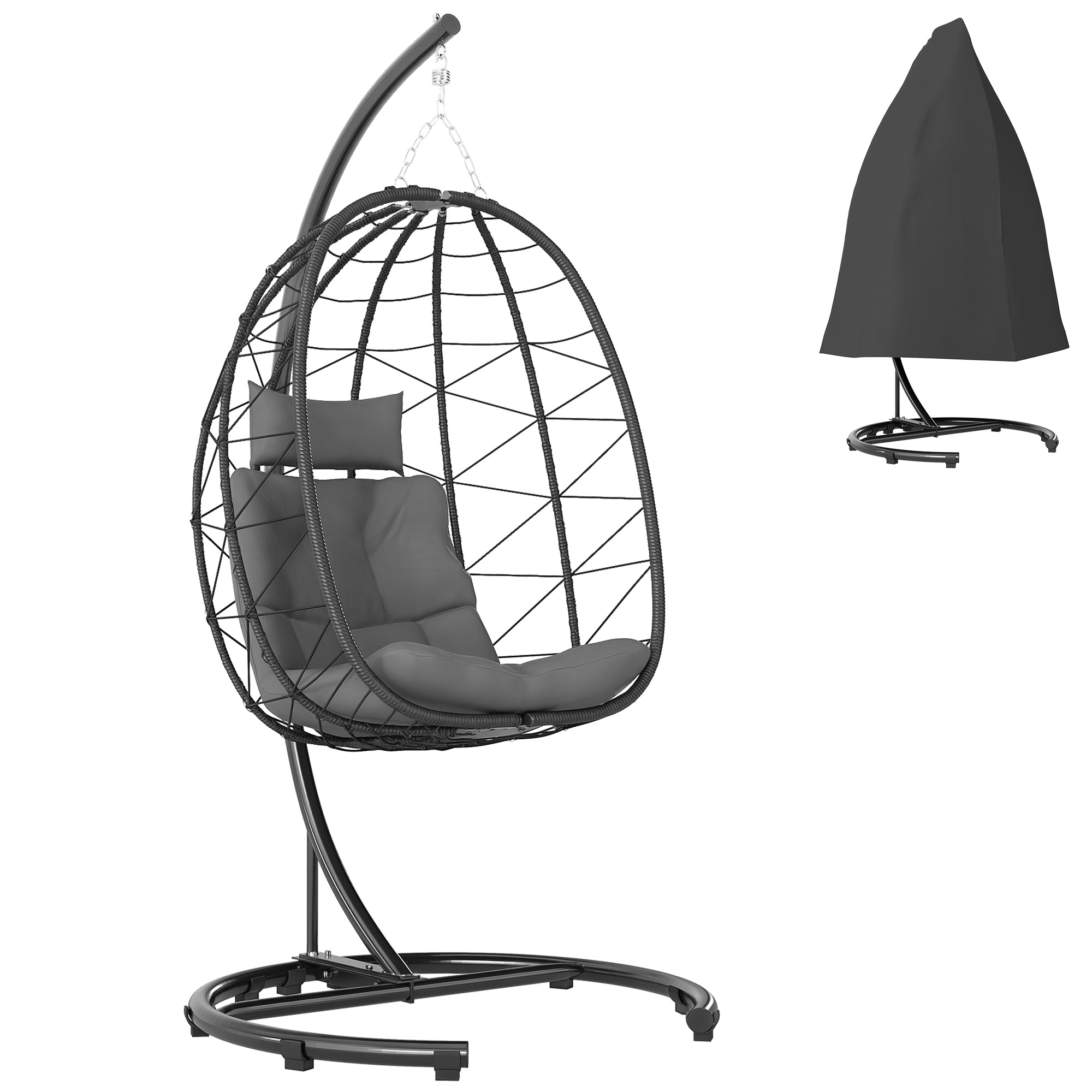 Rattan Hanging Chair Swing 195 cm Height Basket Indoor Outdoor incl. Stand, Cushion, Waterproof Cover, for Patio, Garden up to 150 kg, Dark Grey