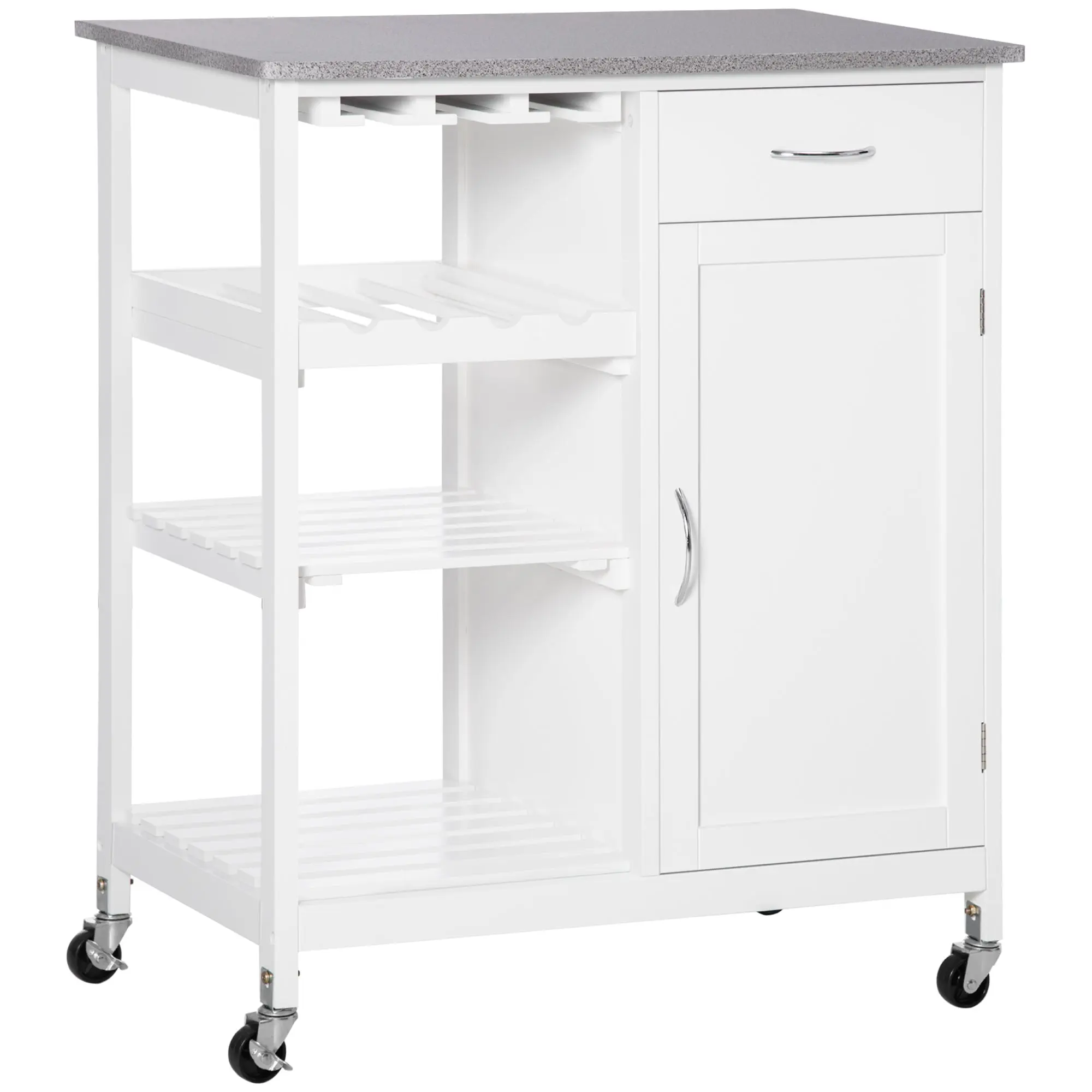 Kitchen Trolley with Wheels Serving Cart with 1 Drawer Removable Shelves Wine Rack for 4 Bottles and Cabinet for Dining Room Living Room Load 40 kg 76x48x88 cm White