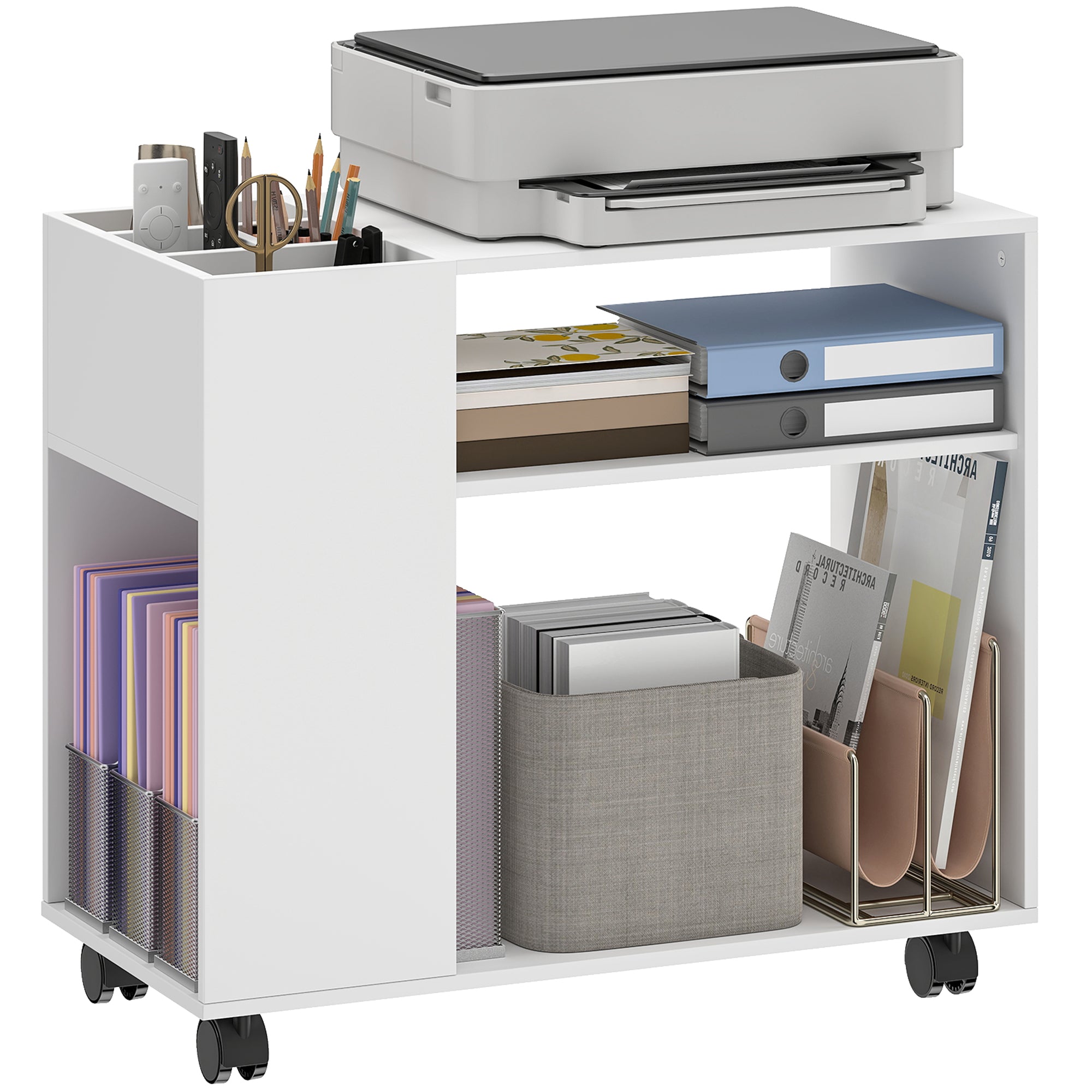 HOMCOM Dréckerständer mat trennbarem Organisateur, Regaler a Rieder mat Bremsen — kompakter Bürokar fir Drécker, Fax & Scanner, 70 x 34 x 60 cm, Wäiss