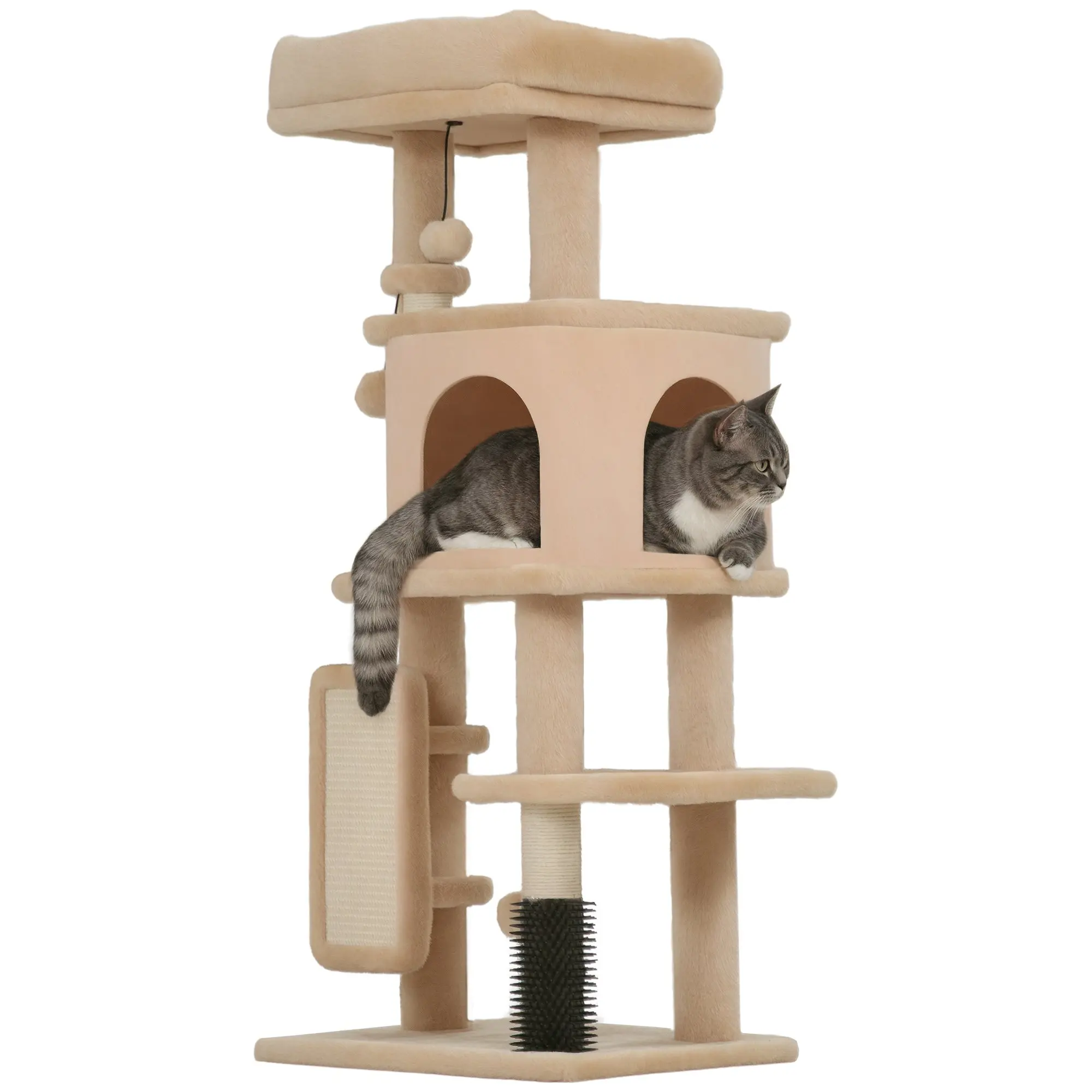 Cat Scratching Tree Height 104 cm Cat Tower with Platforms Post Brush Hanging Balls and Scratching Mat Beige