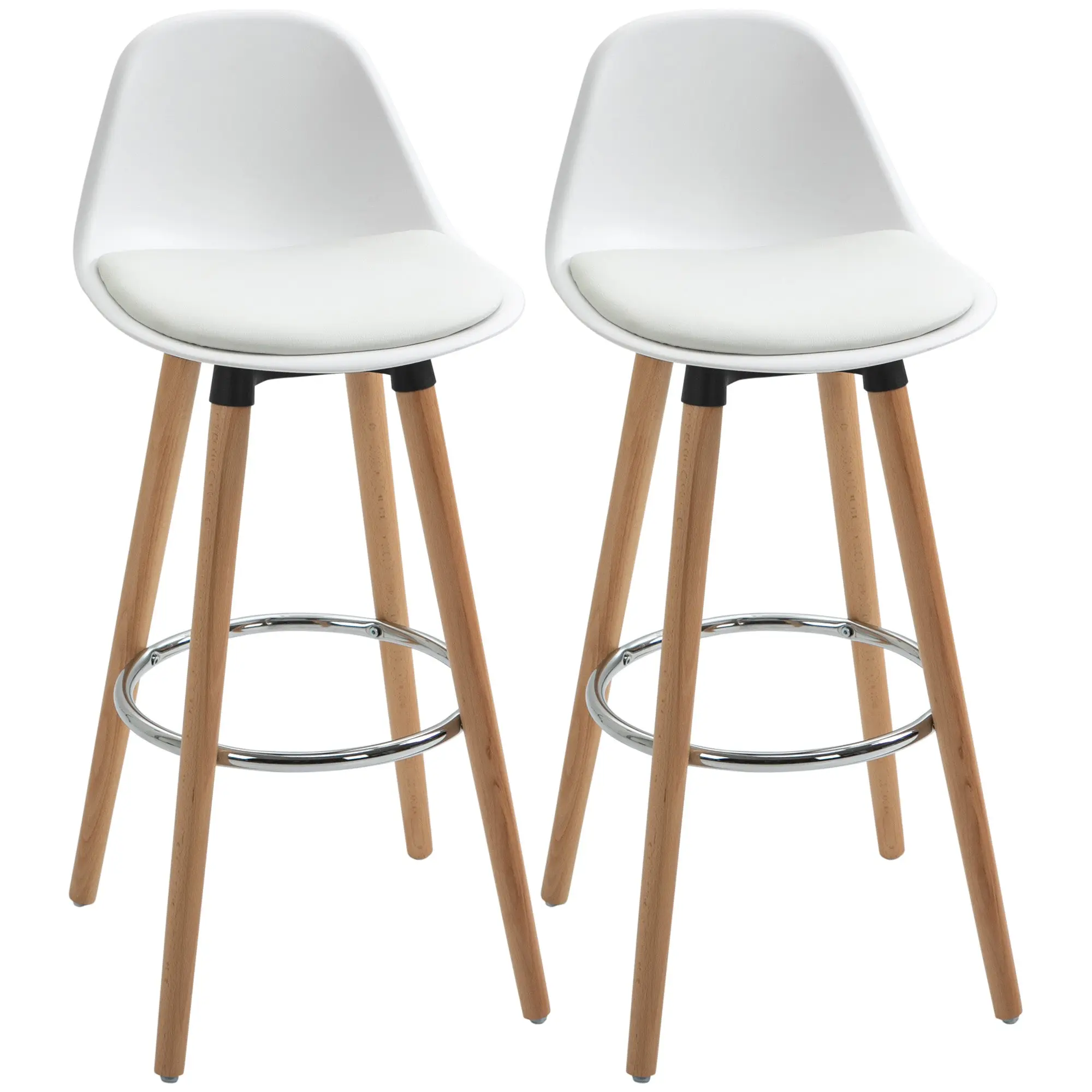 Bar Stools Set of 2, White Counter Height Bar Chairs with Backrest, Padded Faux Leather Seat, Beech Wood Legs, Steel Footrest & Anti-Slip Pads, 69 cm Seat Height