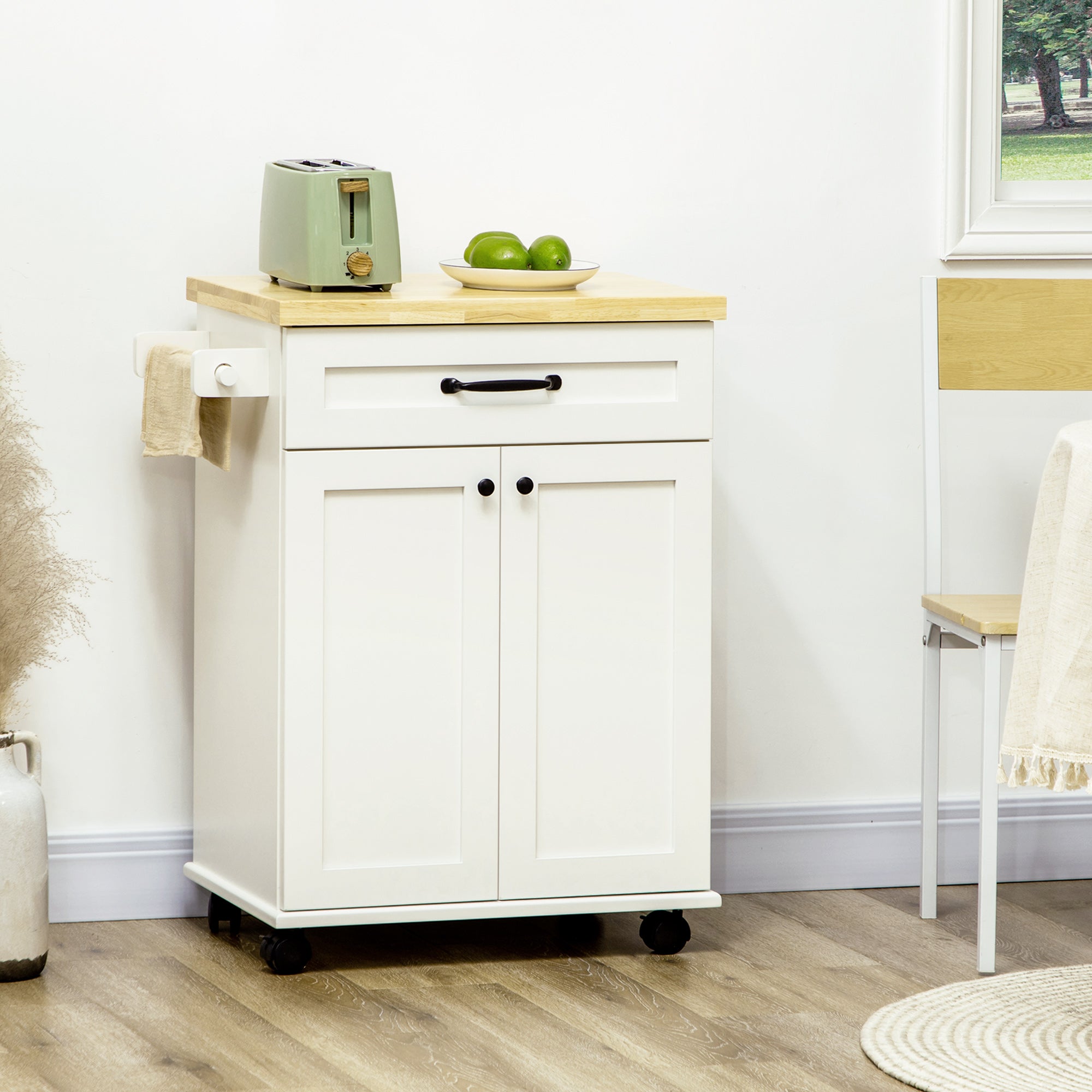 Kitchen Cart Rolling Utility Cart with Multi-Storage 1 Drawer 1 Cabinet 1 Towel Bar - White and Wood Top