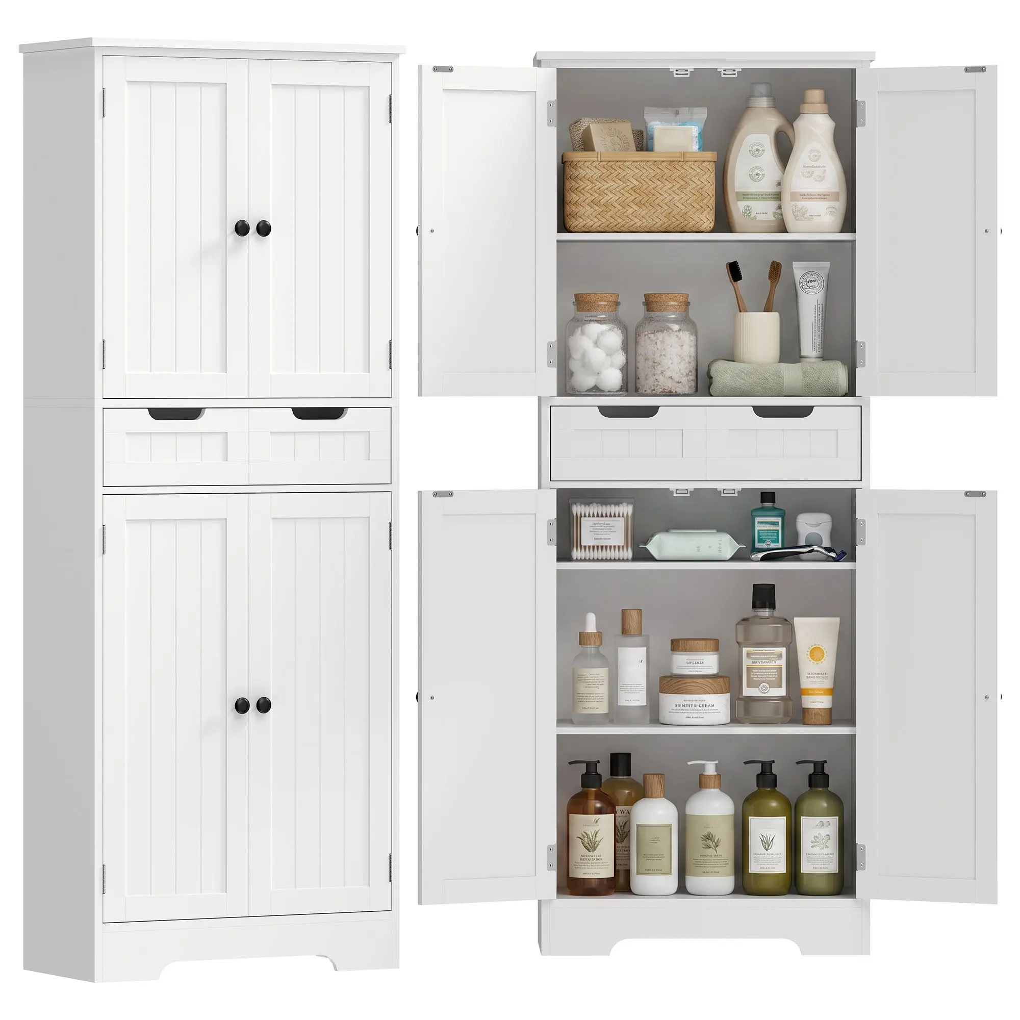23.6 in x 11.8 in x 63 in White Bathroom Storage Cabinet – Tall Modern Cupboard with Drawer & 4 Doors