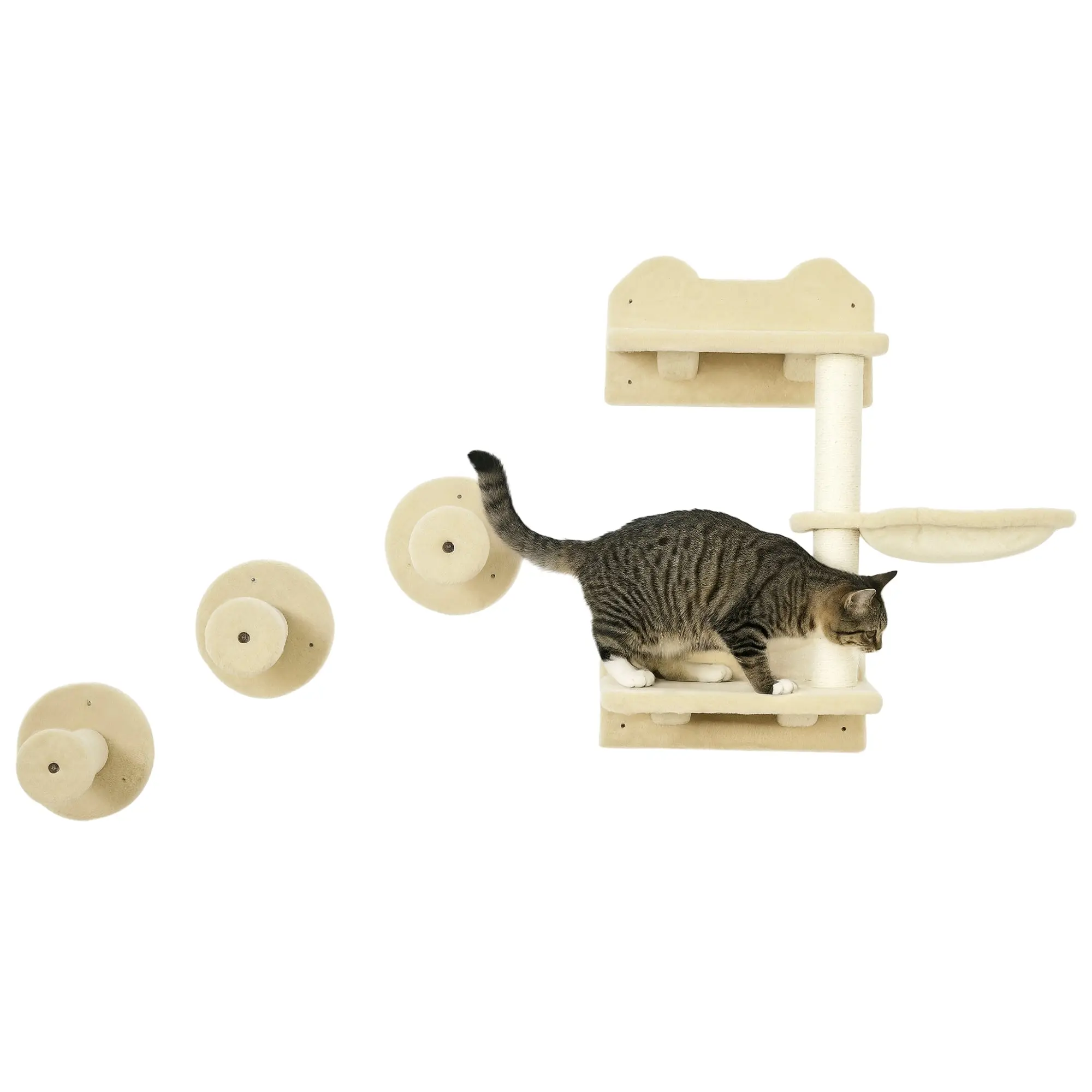 Cat Climbing Wall, 4-piece, Cat Climbing Wall, incl. 1 x Jump Tower, 3 x Scratching Posts, Climbing Wall Set, Scratching Post with Hammock, Wall Perch Cats, Cat Staircase, Sisal, Beige+Cream White