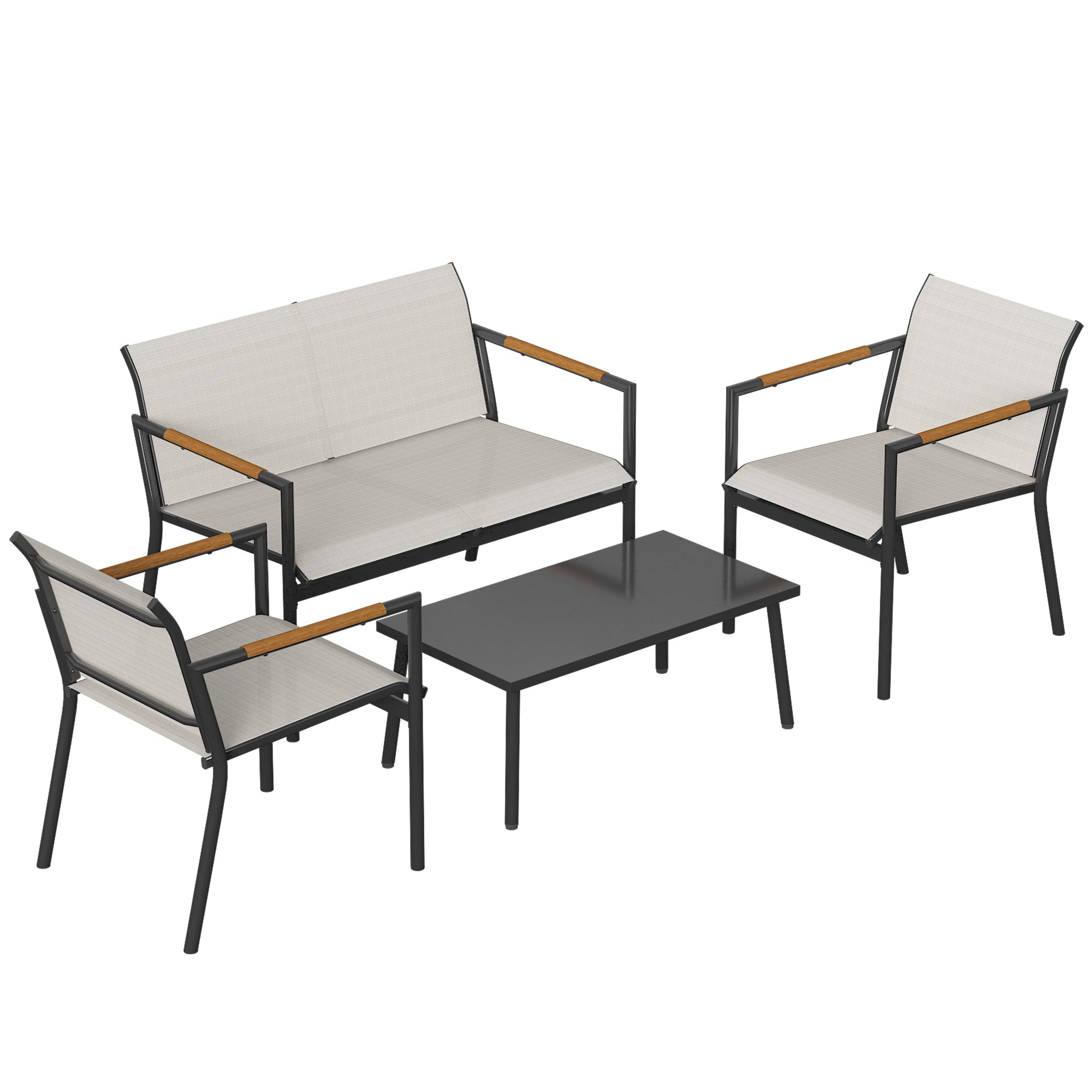 Outsunny 4-teiliges Garten-Set – 2‑Sitzer-Sofa, 2 Sessel & Metall-Couchtisch, atmungsaktive Sitze, Creme