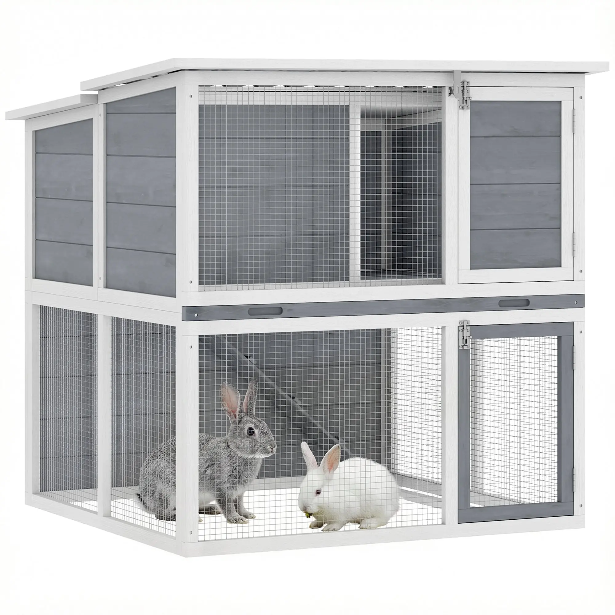 2-Tier Wooden Rabbit Hutch with Run, Weatherproof Roof, Ramp & Doors, 98 × 95 × 102.5 cm — Gray