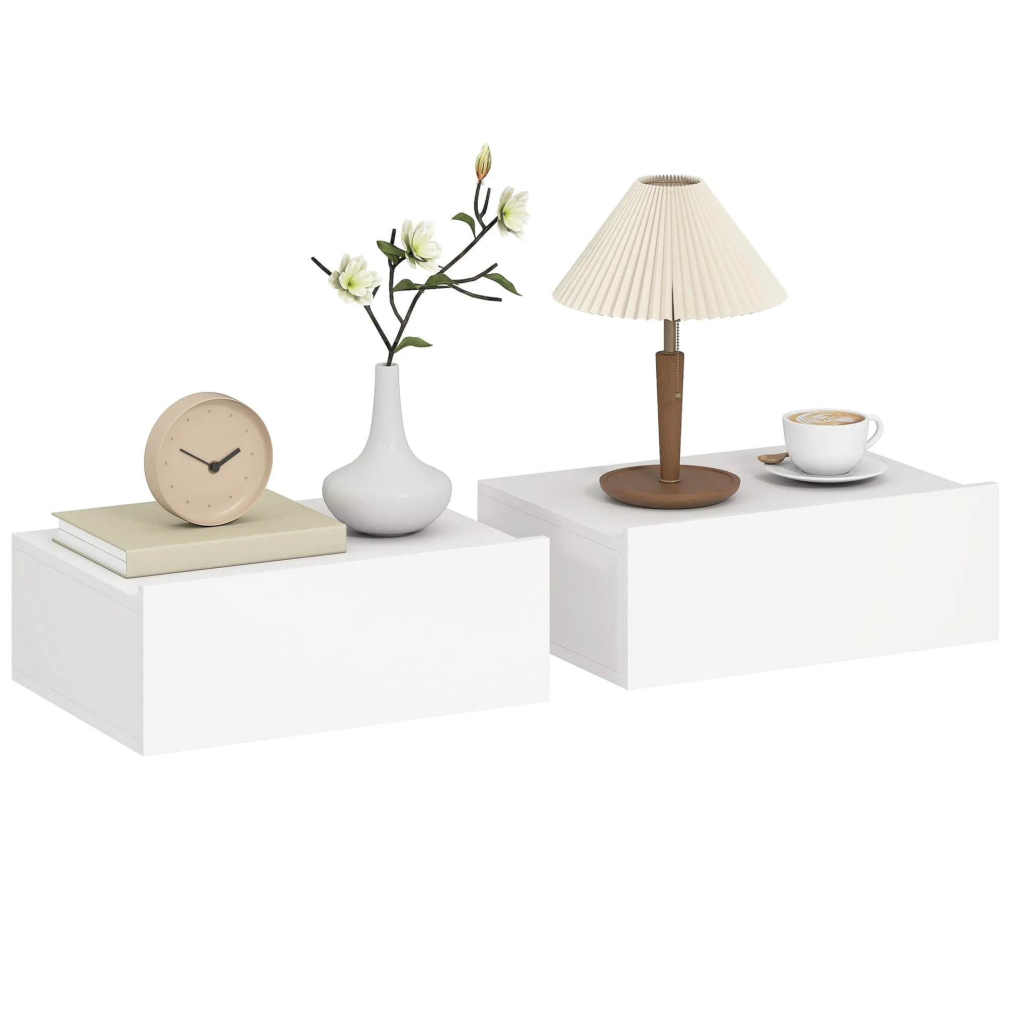 Set of 2 Wall-Mounted Nightstands, Floating Night Tables with Sliding Drawer, Modern White, 15.7 x 11.8 x 5.9 in