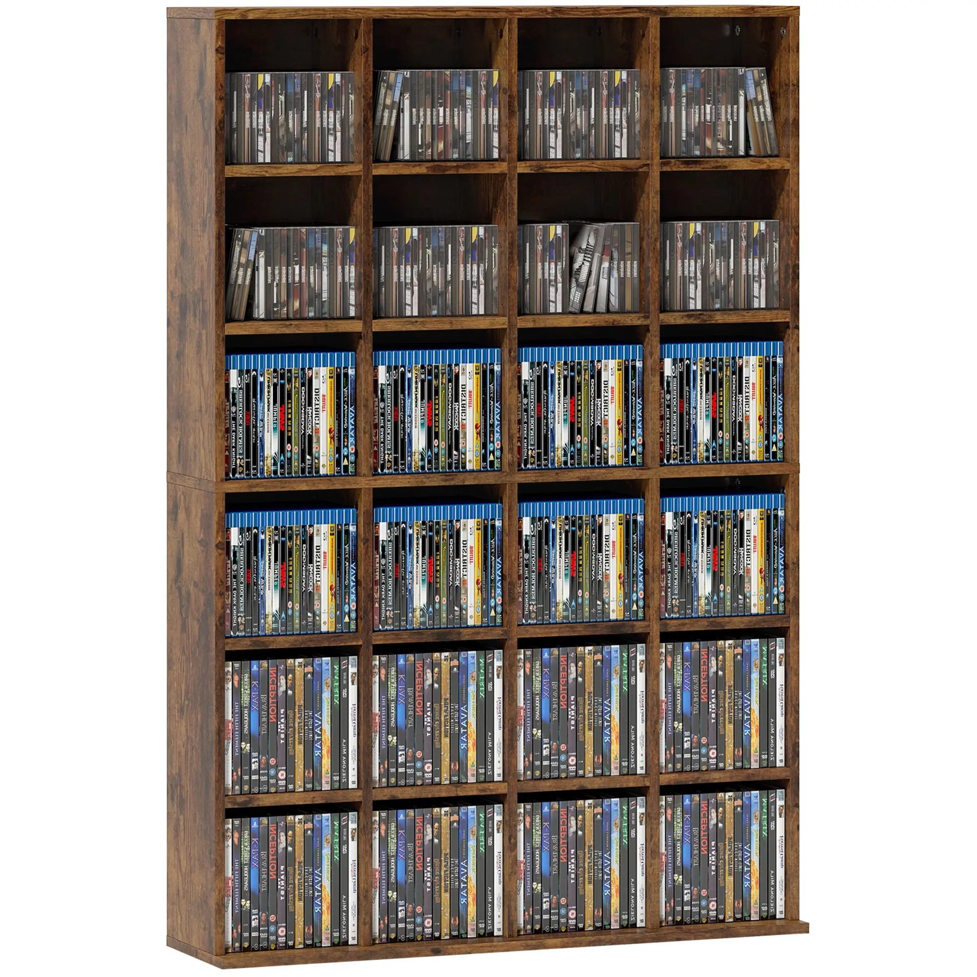 CD & DVD Storage Cabinet, Multimedia Organizer – Holds up to 456 CDs / 336 DVDs & Blu-rays, 24 Cubes, 16 Adjustable Shelves, 35 x 7.9 x 51.4 in (89 x 20 x 130.5 cm), Rustic Brown
