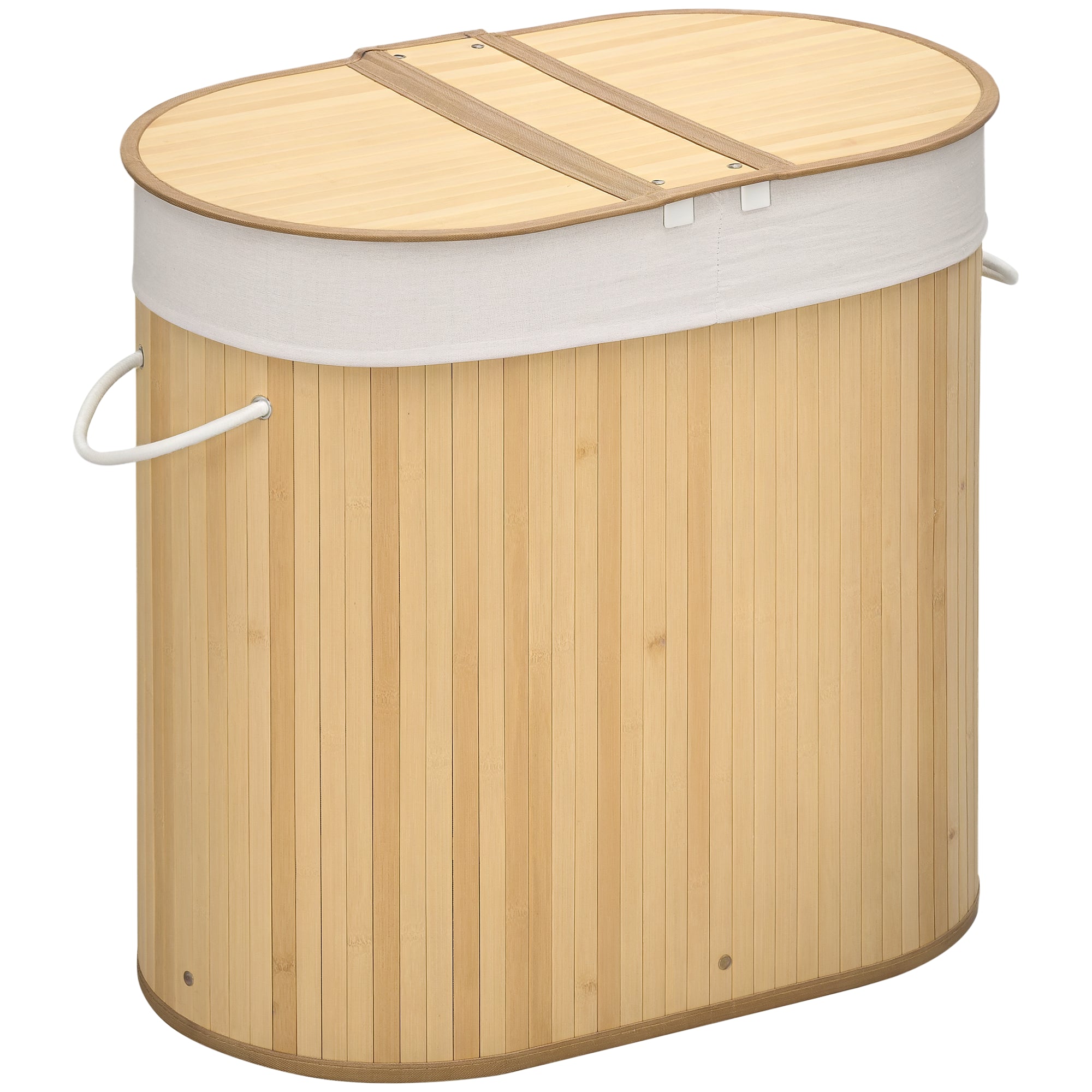 HOMCOM Bamboe Wasmand met Deksel 100L Wasverzamelaar met Handvatten, 2 Verwijderbare Waszakken, Was Sorteren Wasbox voor Wasruimte, Badkamer, Slaapkamer, Natuurhout