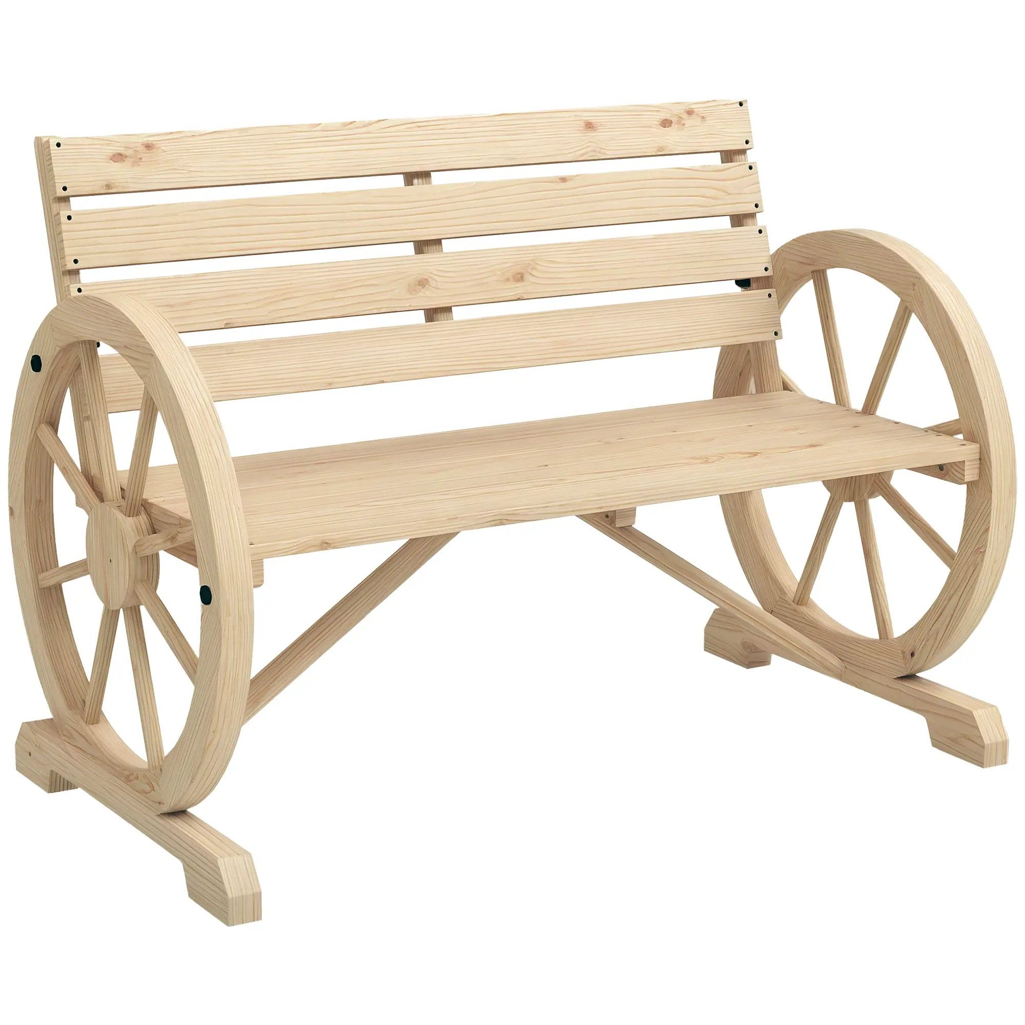2-Seater Garden Bench, Weatherproof Bench, Garden Furniture with Backrest, Armrests in Wheel Shape Park Bench 240kg Load-Bearing, Balcony Bench, Wooden Bench for Balcony, Garden, 105.5 x 56 x 79 cm, Natural Wood