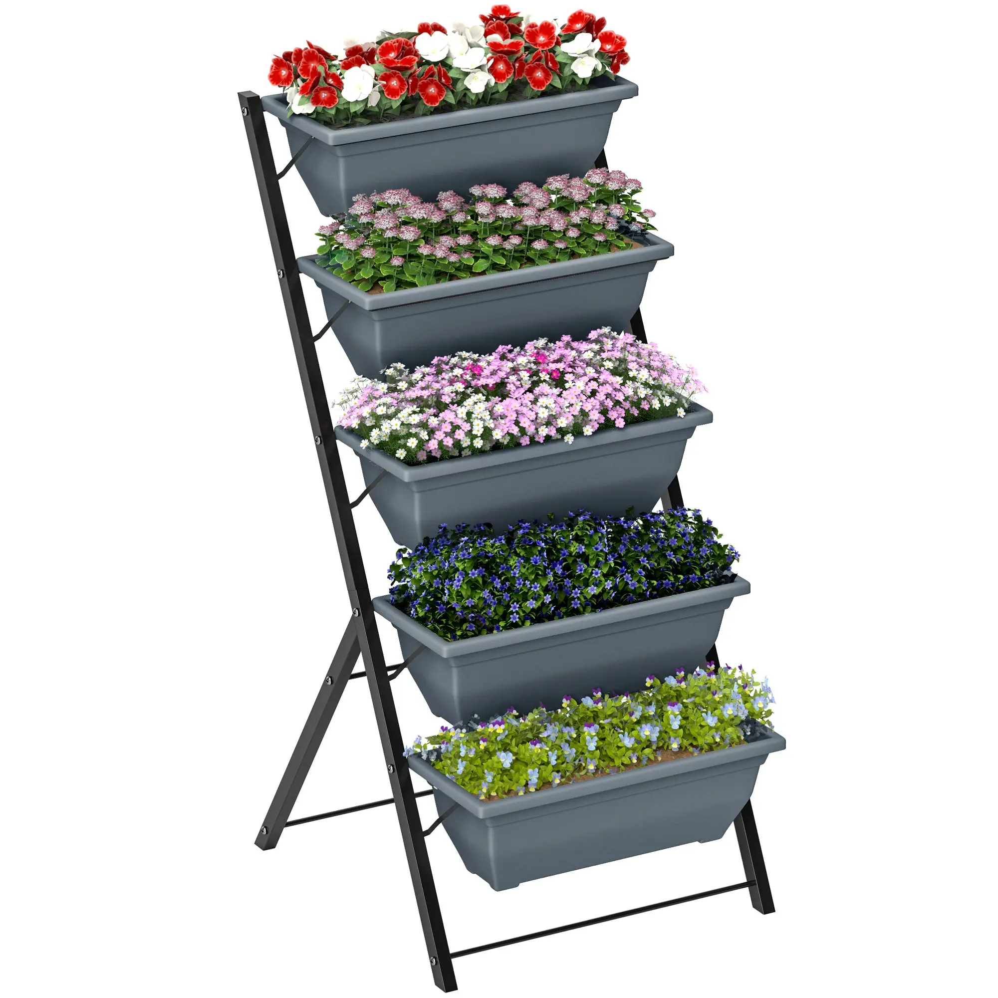 5-Tier Raised Vertical Planter with Stackable Pots, Drainage Holes & Rubber Plugs, Steel Frame — Gray