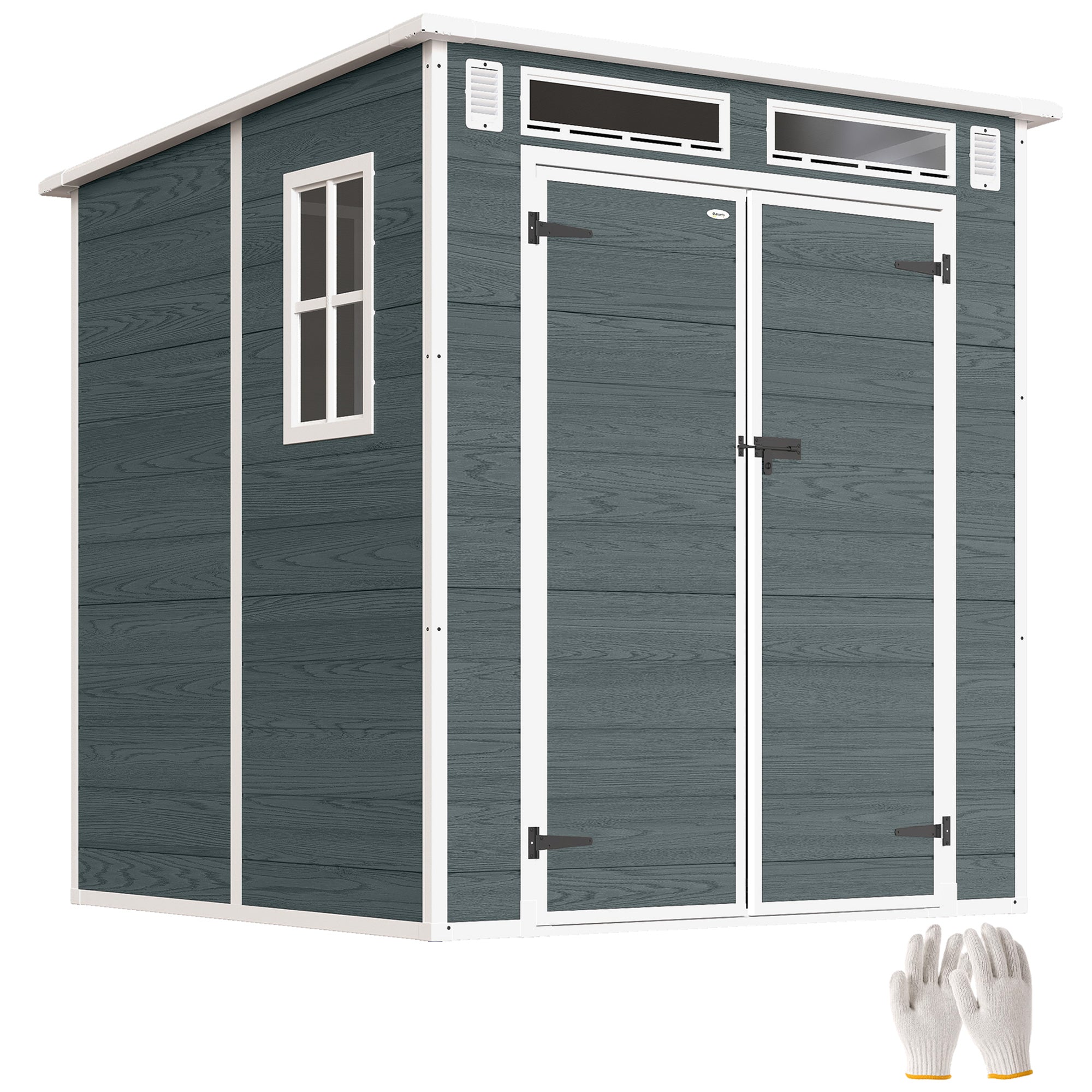 Outsunny 182 x 182 cm koka imitācijas plastmasas dārza šķūnis ar grīdu, 3 logiem, aizslēdzamām durvīm un ventilāciju — pelēks