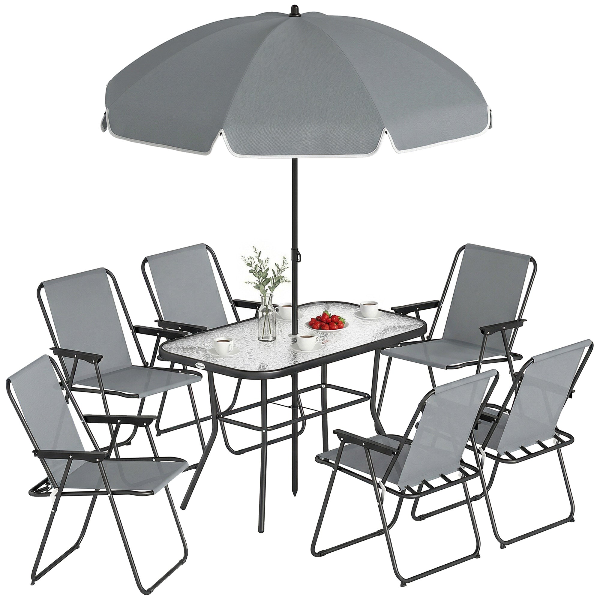 Outsunny 8-delige tuinset — tafel met gehard glas, 6 inklapbare stoelen en parasol, roestbestendig stalen frame, grijs