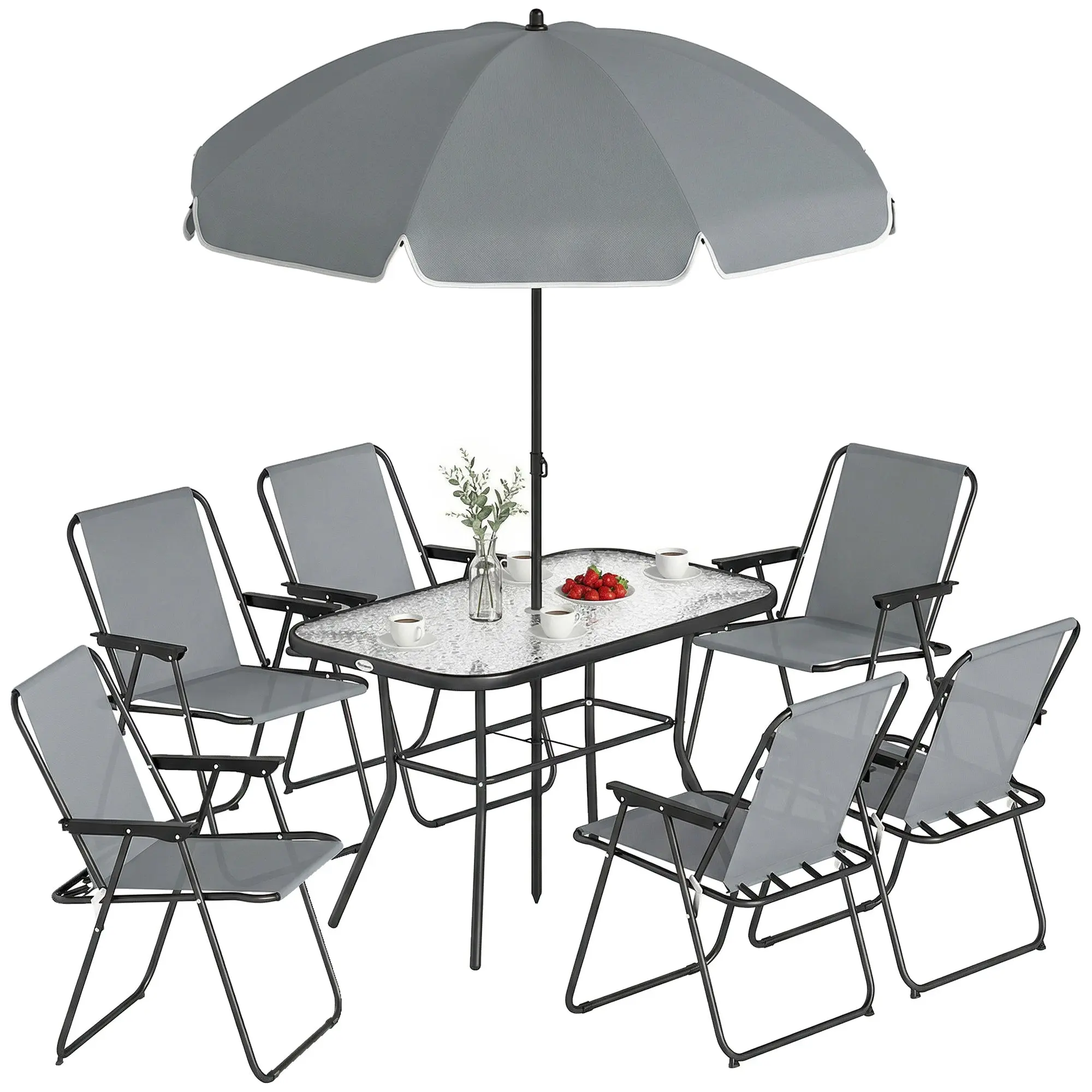 8-Piece Outdoor Patio Set — Table with Tempered Glass Top, 6 Folding Chairs & Parasol, Rust-Resistant Steel Frame, Grey