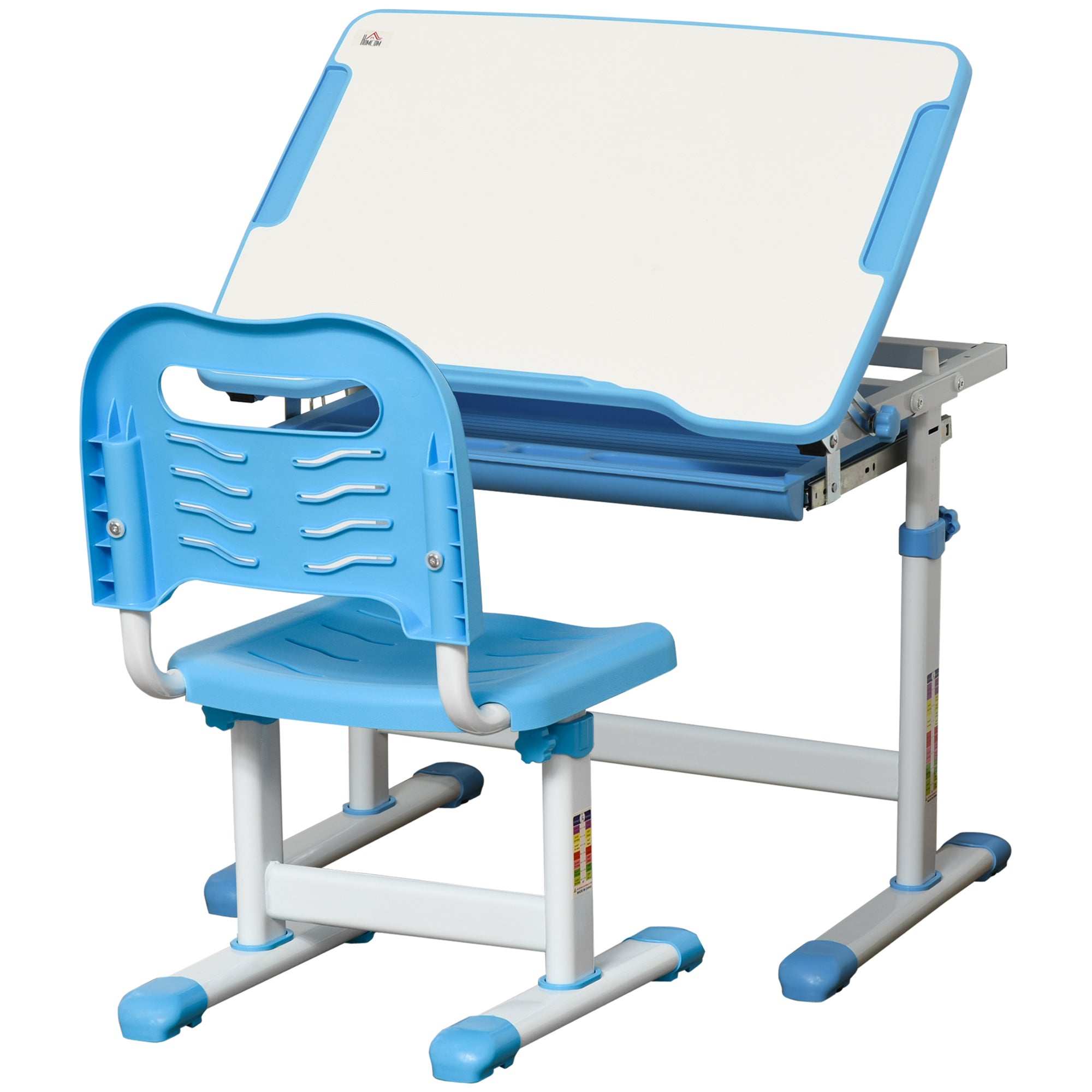 HOMCOM Kids Set Stol i Stolica 2 u 1 Radni Stol i Sjedište za Djecu 6+ godina s Podešavanjem Visine, Nagibnom Radnom Površinom i Kliznim Pladnjem 66x47x77.5 cm Plava