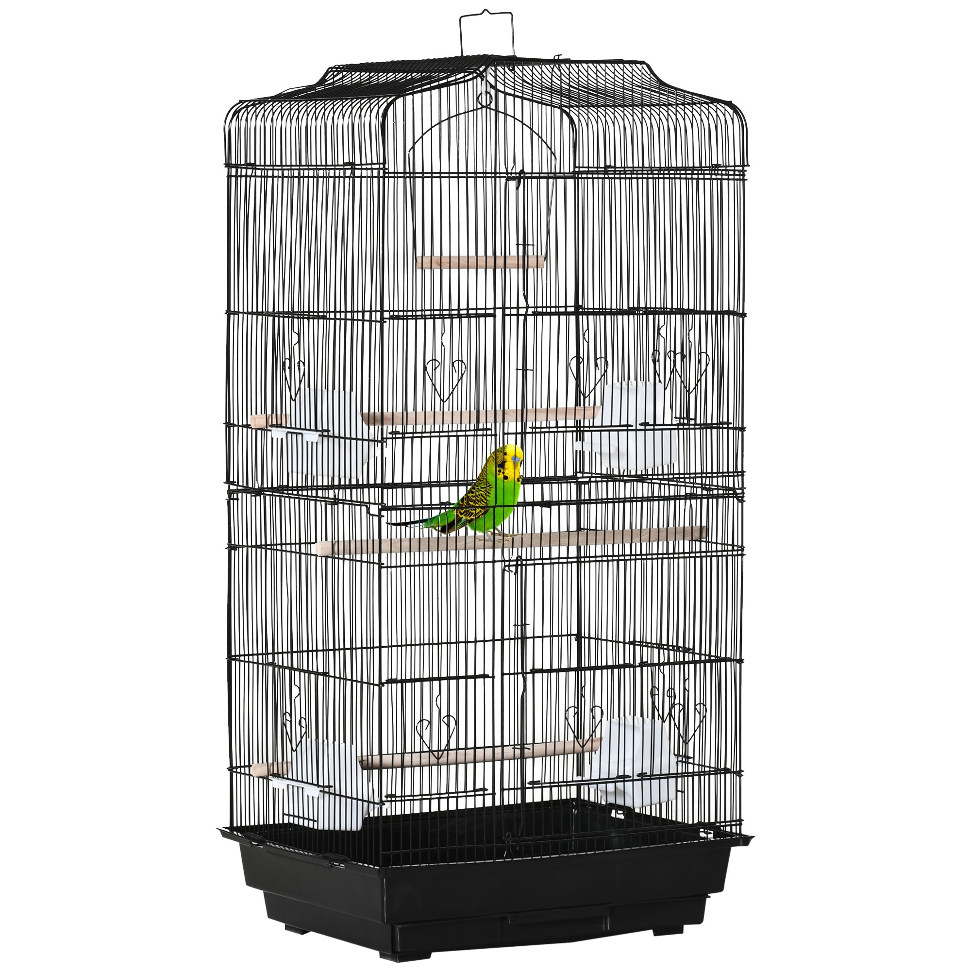Cage à Oiseaux PawHut 46,5x35,5x92 cm en Métal avec 4 Nourrisseurs, 3 Perchoirs, Balancelle, Bac Amovible et Poignée de Transport pour Perroquet, Canari et Inséparable Noir