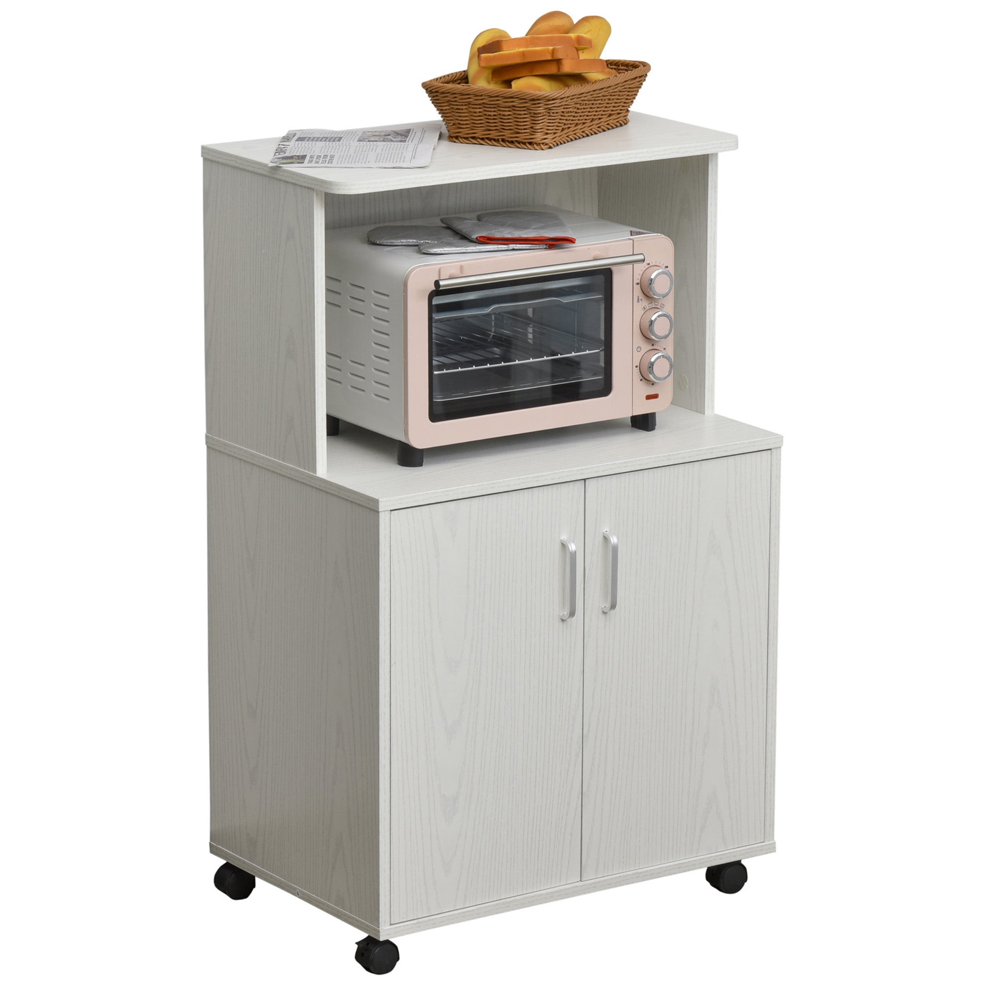 HOMCOM Mikrobølgeovn Sideboard Køkkenskab med 2 Døre og Justerbar Hylde med Hjul, Kapacitet 70 kg, 60.4x40.3x97 cm Hvid