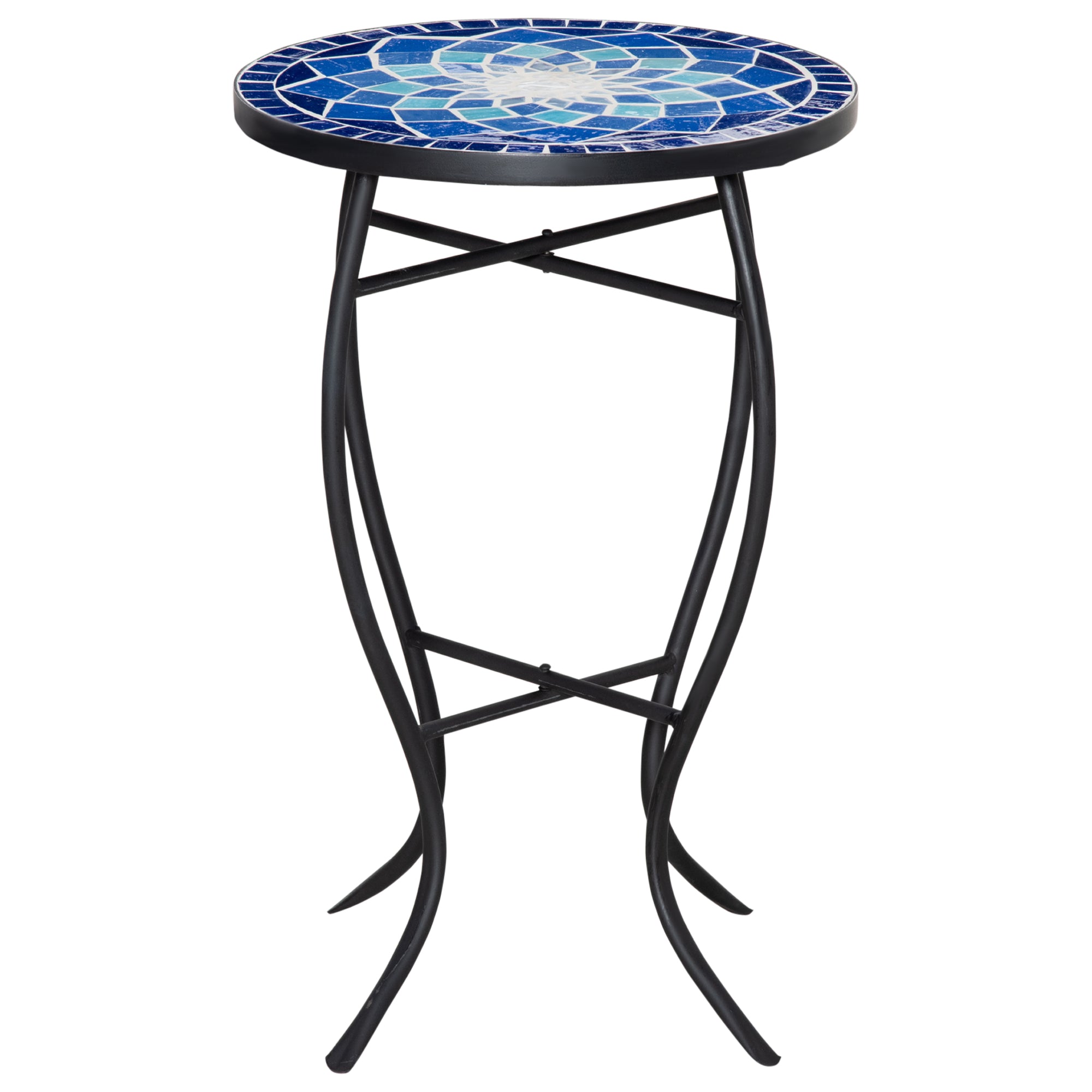 Round Garden Table with Ceramic Mosaic Top, Metal Frame, ?35.5x53.5cm, Blue and White