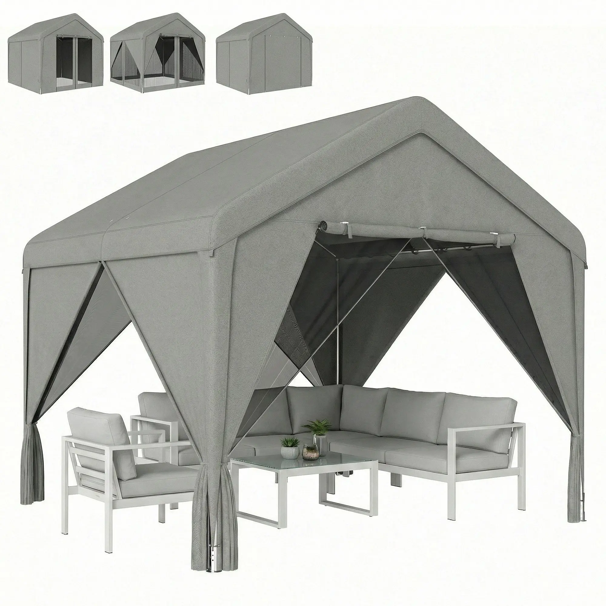 3x3 m Outdoor Garden Gazebo, Waterproof Pavilion — Galvanized Steel Frame, Double-Peak Roof, Curtains & Mosquito Net, Gray