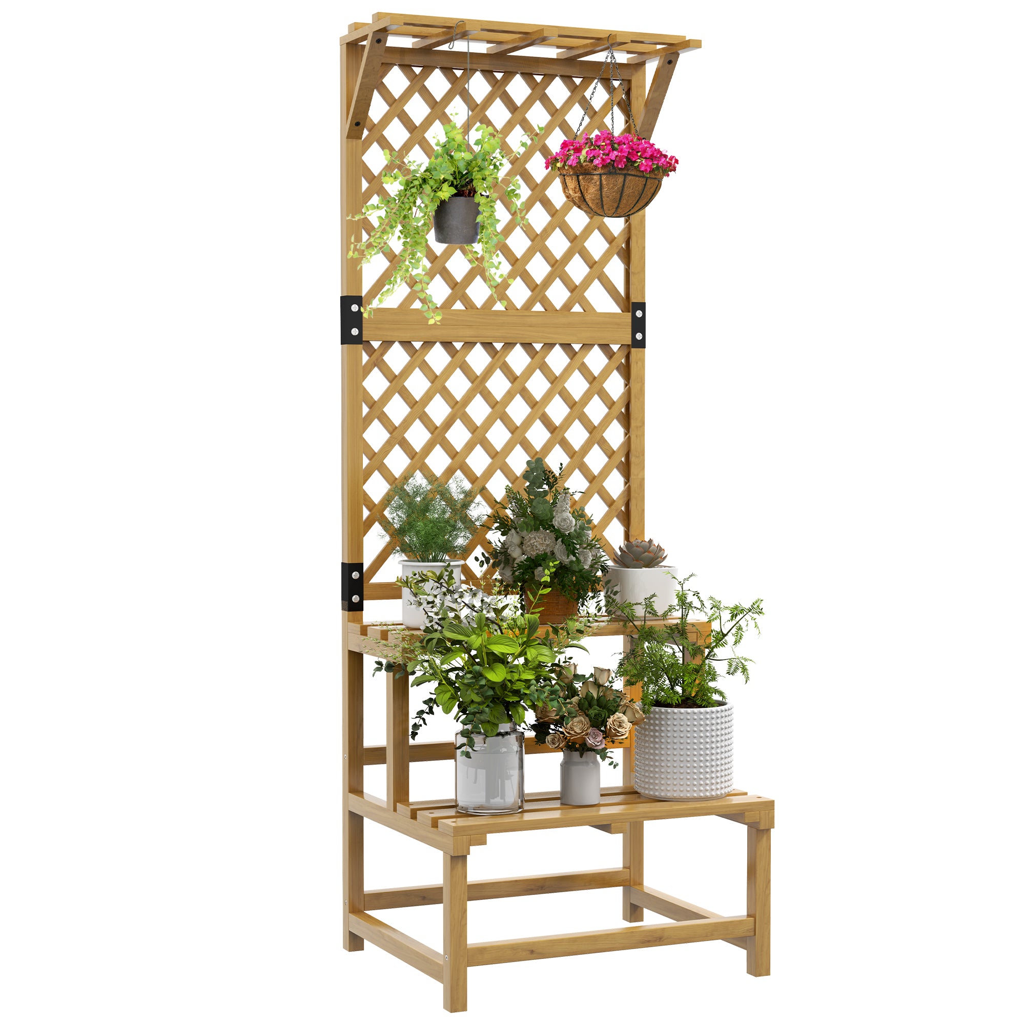 2 Tier Plant Stand with Trellis, Wooden Outdoor Flower Pot Rack, Garden Plant Shelf with Climbing Support, Hanging Basket Roof, Fir Wood Plant Display Stand, 60 x 50 x 166 cm, Yellow