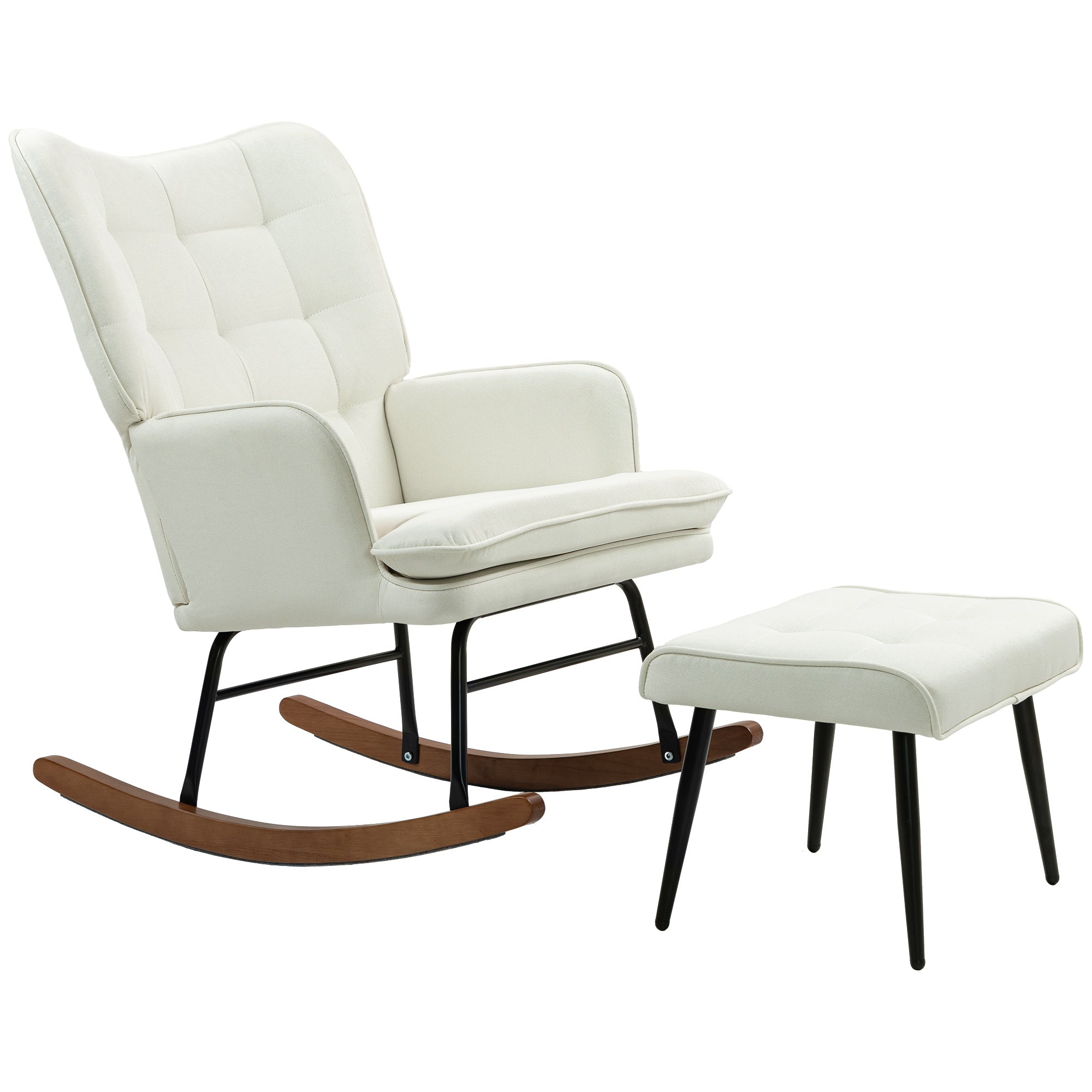 Rocking Armchair with Ottoman, Armchair with Armrests, Linen-Effect, Rocking Chair up to 287 lb for Bedroom & Living Room, Cream White