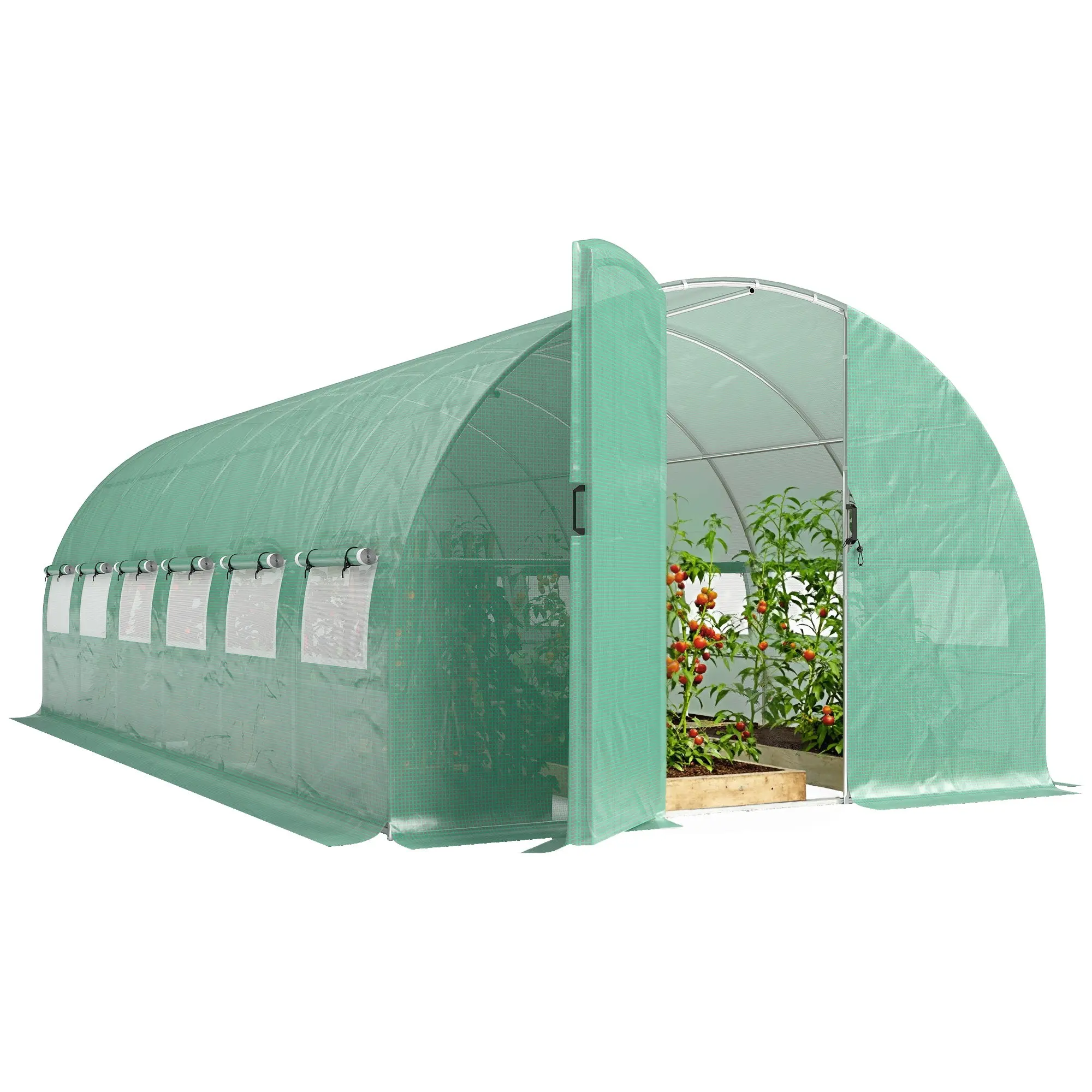 6 x 3 x 2 m Tunnel Greenhouse – Hinged Door, 12 Mesh Roll-Up Vents, 140 gsm PE Cover & Galvanized Steel Frame, Waterproof UV-Resistant – Green