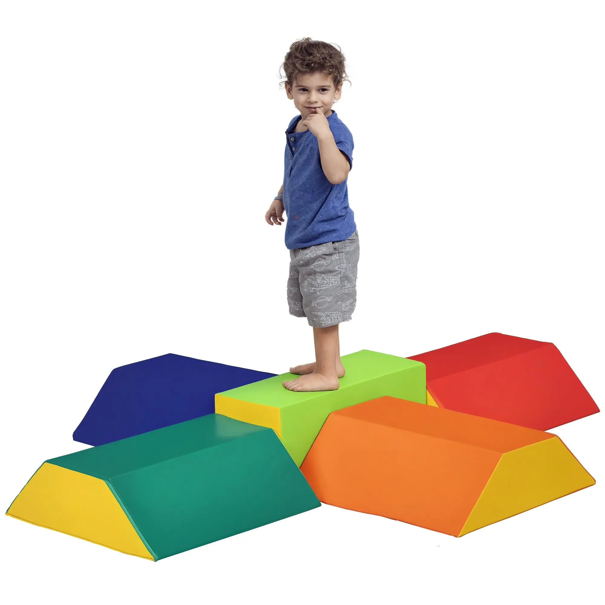 Soft Building Blocks Set for Children 1-3 Years with 5 Rectangular and Trapezoid Blocks, PU and EPE Material, 48.3x19.1x48.3 cm, Multicolor