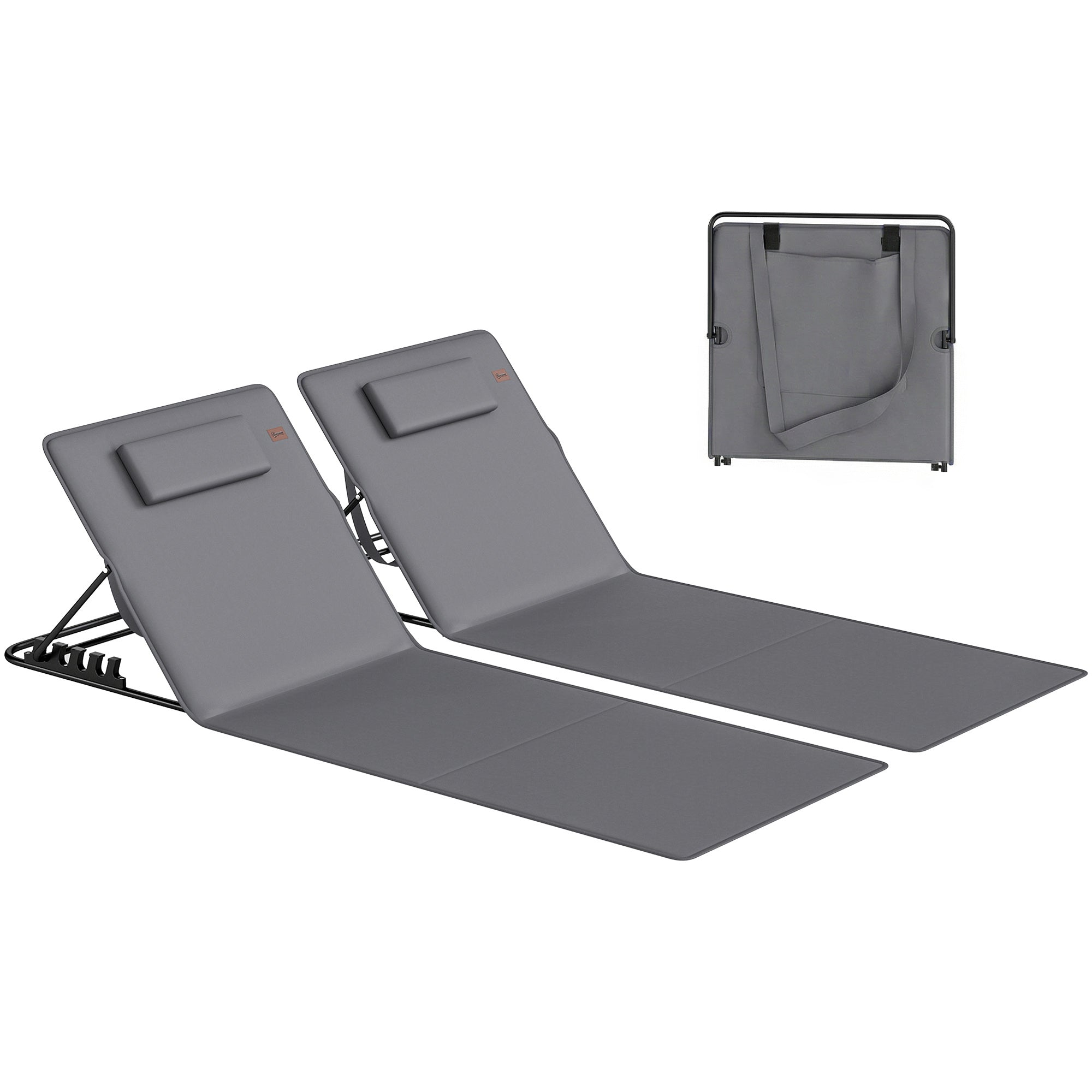 Outsunny 2-pack opvouwbare strandligstoelen met verstelbare rugleuning, kussen en draagtasje – donkergrijs