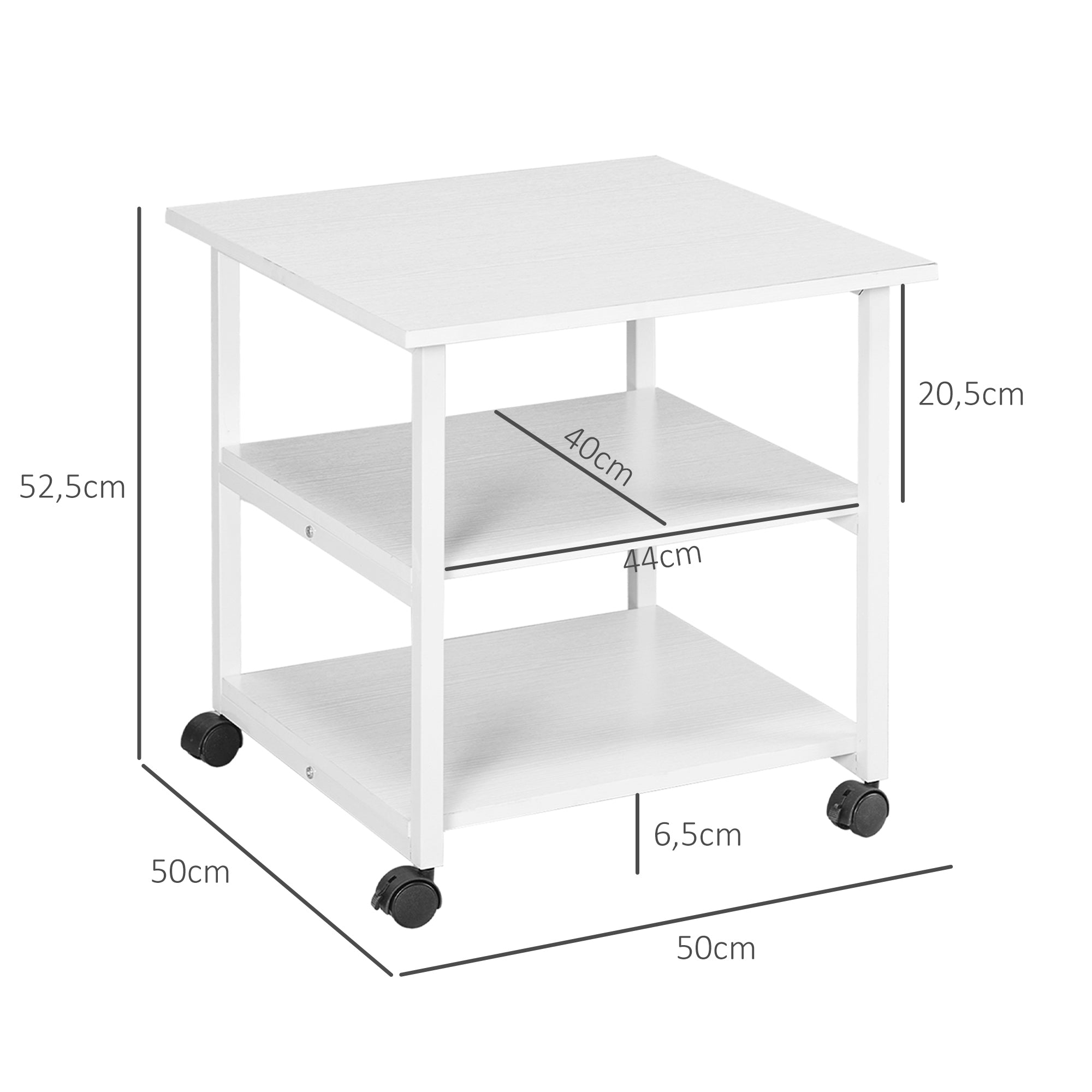 HOMCOM Printerstand Opbevaringsvogn med 3 Hylder Mobil på Hjul 50 x 50 x 52,5 cm Hvid