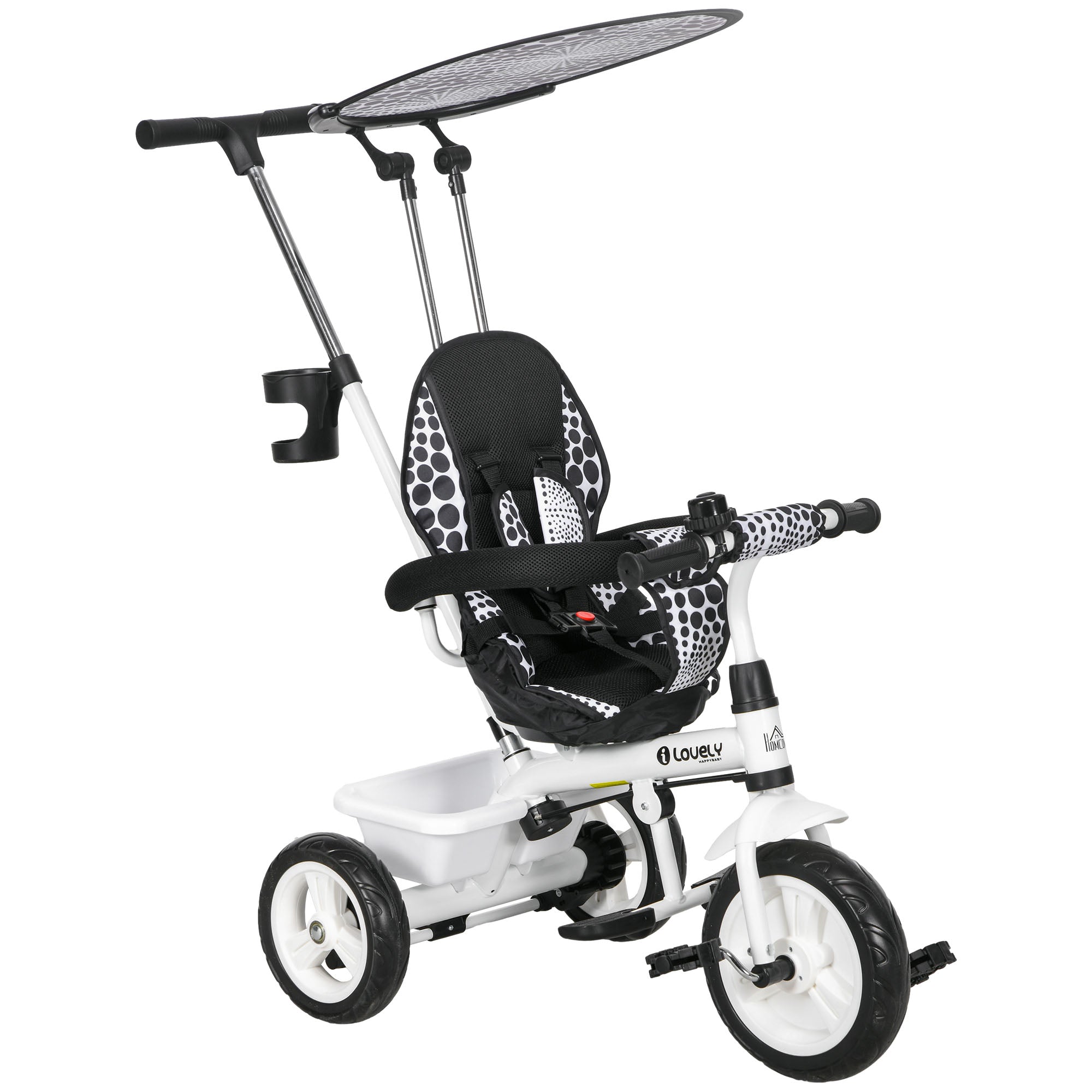 HOMCOM 6-σε-1 Τρίκυκλο με Χειρολαβή από 9 Μηνών έως 25 kg - Τρίκυκλο με Αφαιρούμενη Καλύπτρα Ήλιου, Ζώνη Ασφαλείας, Θήκη Ποτού, Καλάθι, Ρυθμιζόμενες Ρόδες για Παιδιά 1-5 Ετών, Λευκό