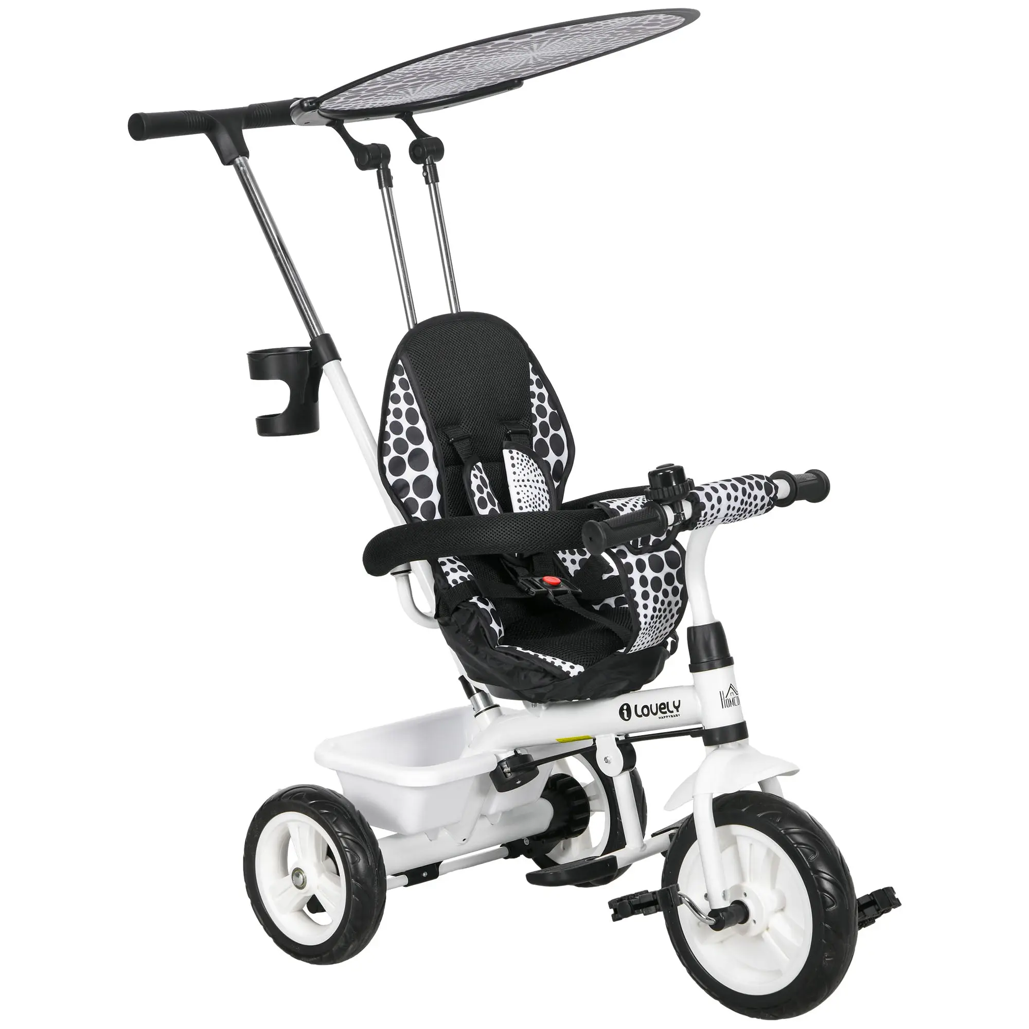 6-in-1 Tricycle with Push Handle from 9 Months up to 25 kg Kids Tricycle with Removable Sun Canopy, Safety Belt, Cup Holder, Basket, Training Wheels for 1-5 Years Kids, White