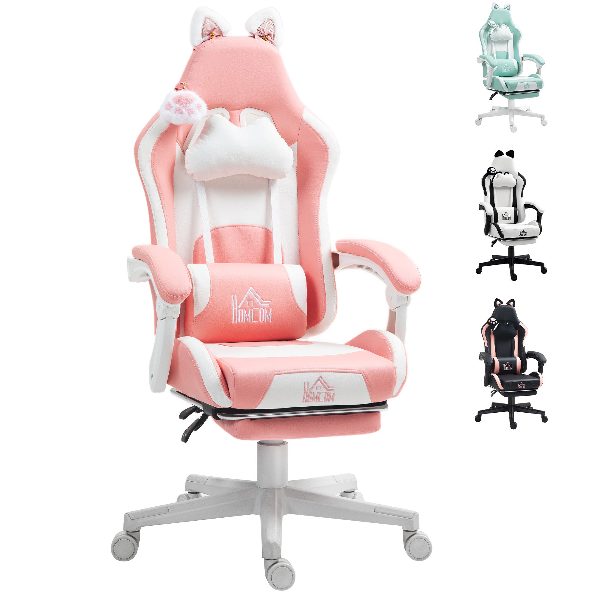 Gaming Chair with Footrest Pink Reclining Gamer Chair 135° Adjustable Height Swivel Gaming Desk Chair with Cat Ears Lumbar Support Max Load 120 kg