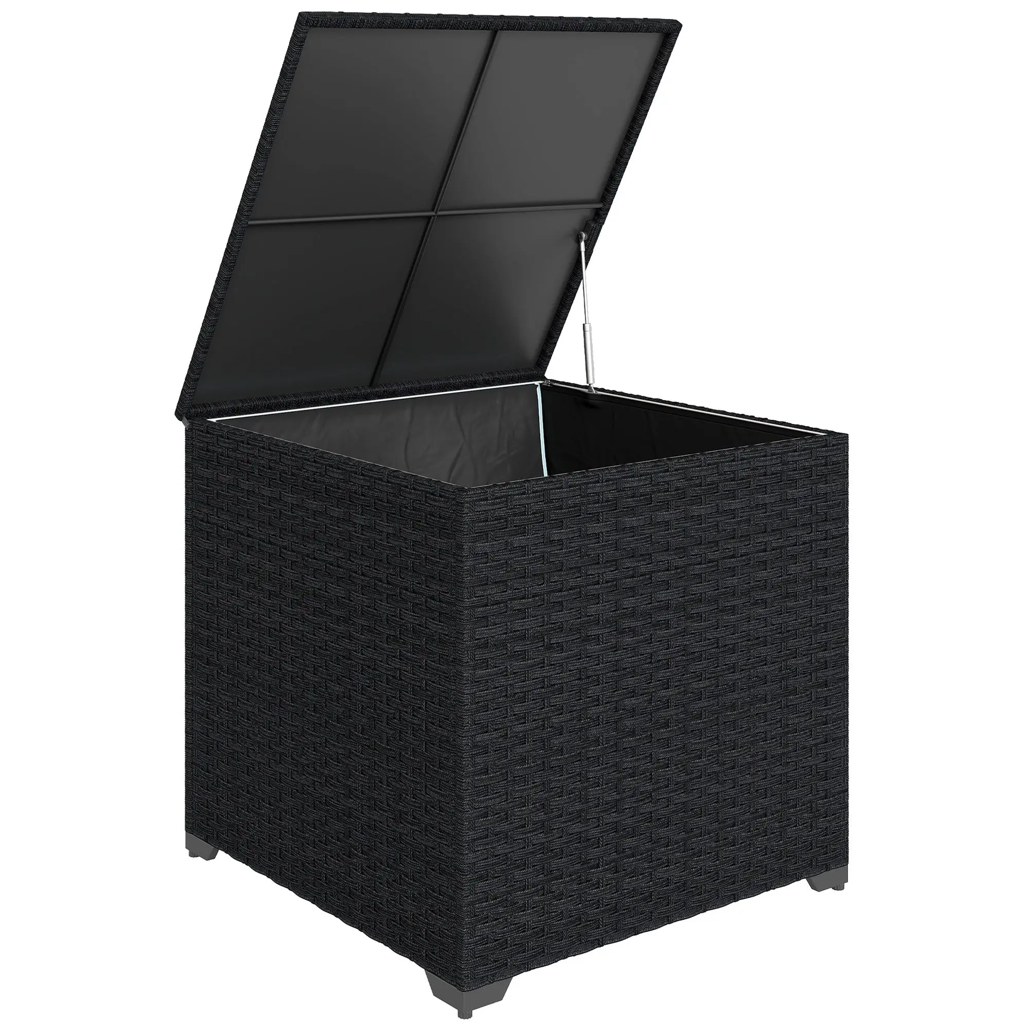 Outdoor Storage Trunk, 253 L (≈9.0 cu ft) Synthetic Rattan Box with Gas-Assisted Lid, Zippered Liner & Steel Frame — Black, 28.3 x 28.3 x 27.6 in