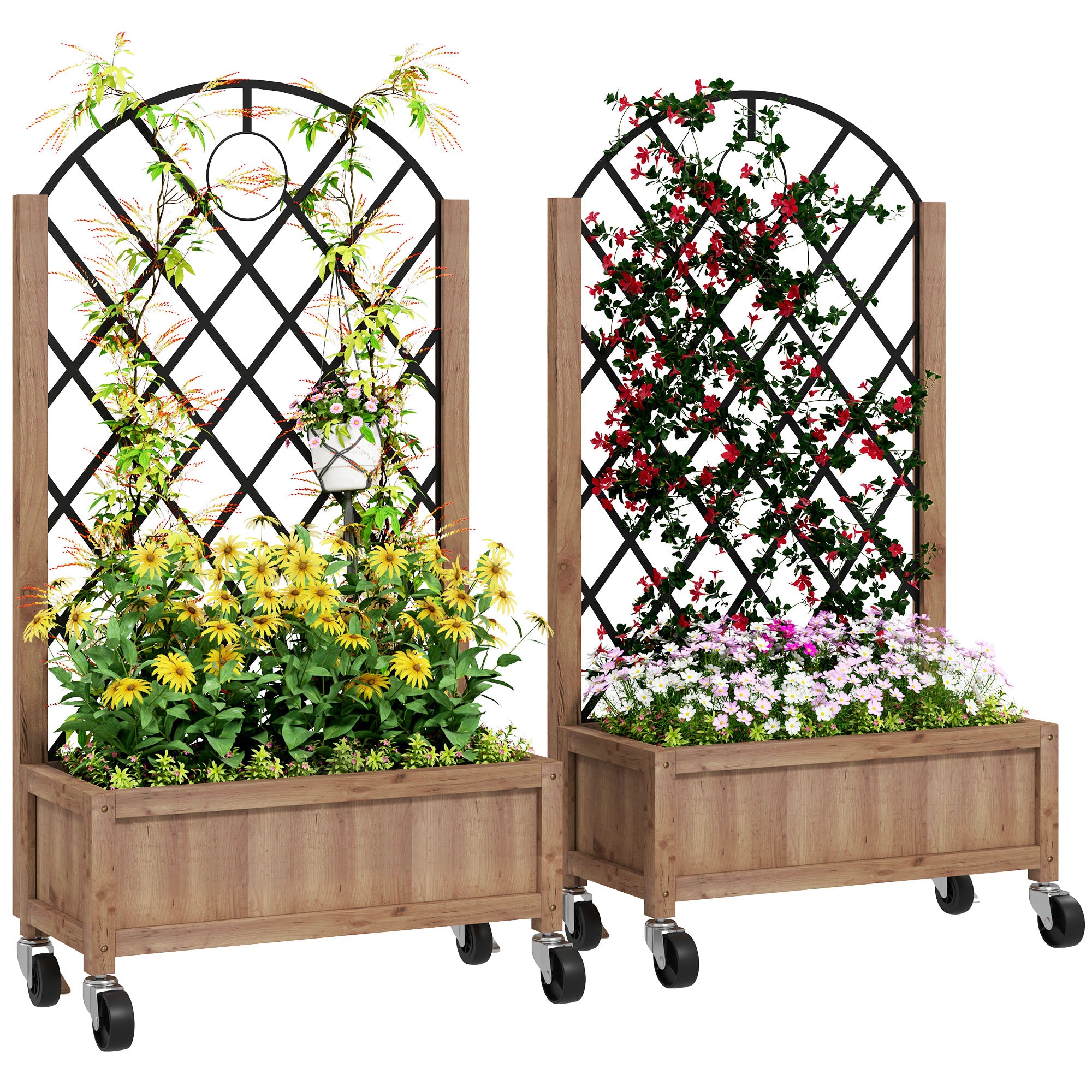 2-Piece Set Raised Bed Planters with Wheels, Trellis, Espalier Plant Pot Wooden Flower Box, Garden Espalier 52x25x97cm for Garden Balcony Terrace, Flower Pot for Climbing Plants Basket Plants