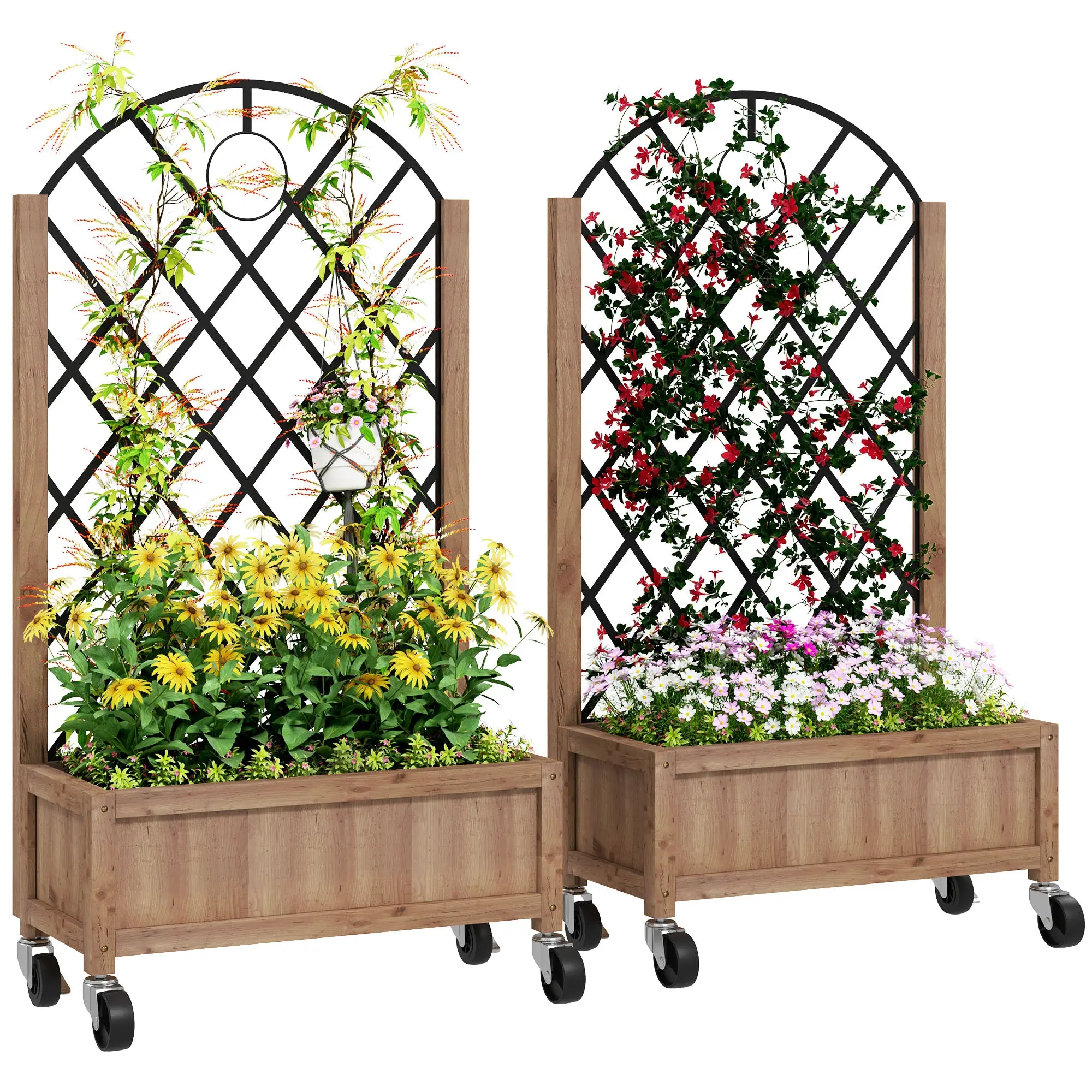 2-Piece Set Raised Bed Planters with Wheels, Trellis, Espalier Plant Pot Wooden Flower Box, Garden Espalier 52x25x97cm for Garden Balcony Terrace, Flower Pot for Climbing Plants Basket Plants