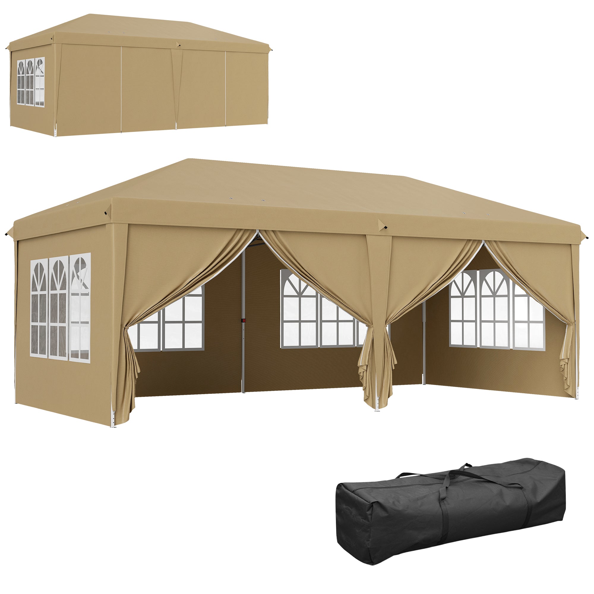 Outsunny Sklopivi Vrtni Gazebo 6 x 3m Vanjski Sklopivi Šator Otvoreni Gazebo Vodootporni 4 Removable Bočne Ploče 4 Prozor + Kaki Torba za Nošenje