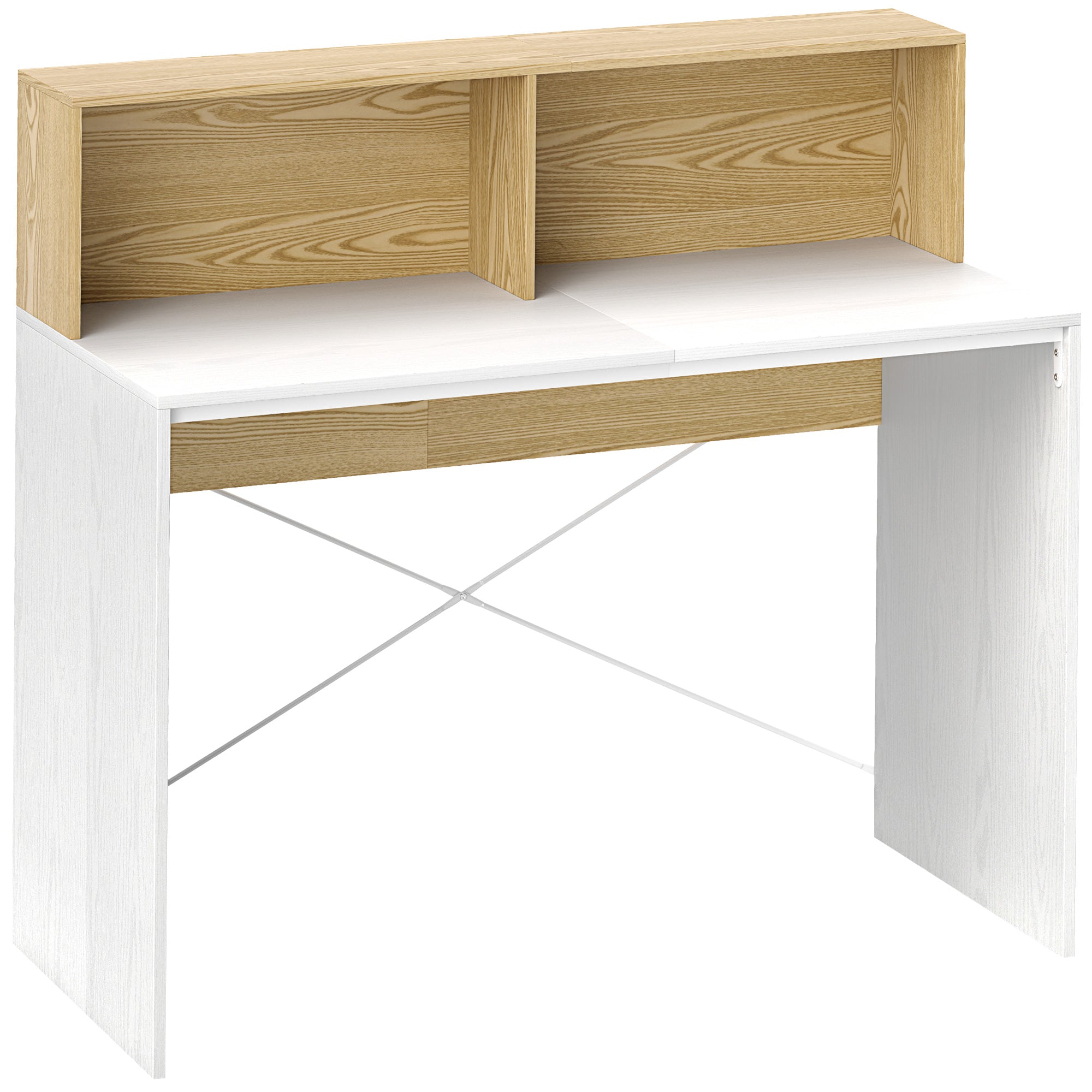 Computer Desk with Storage Table 110 x 50 cm with 2 Open Compartments and Shelf, Computer Desk for Bedroom, Small Spaces, White and Natural