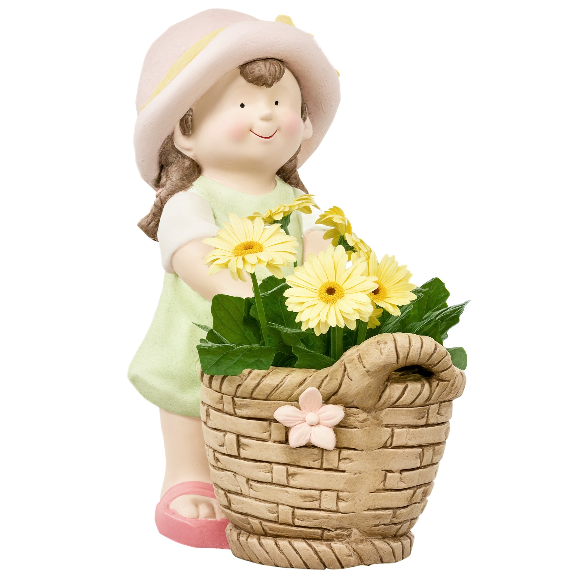 Outsunny Gartenfigur "Mädchen mit Blumentopf", Wetterfeste Gartenstatue, Blumentopf Ornament, Gartendekoration, Skulptur zur Innendekoration, Garten, Hof